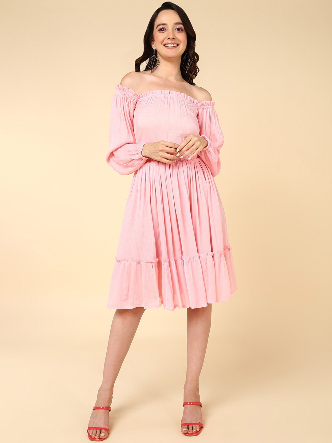 

MALHAAR Off Shoulder Puffed Sleeves Fit & Flare Dress, Pink