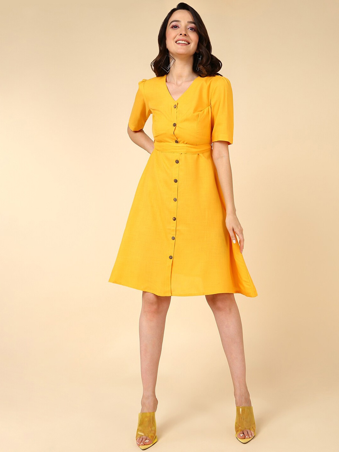 

MALHAAR V-neck Cotton A-Line Dress, Yellow