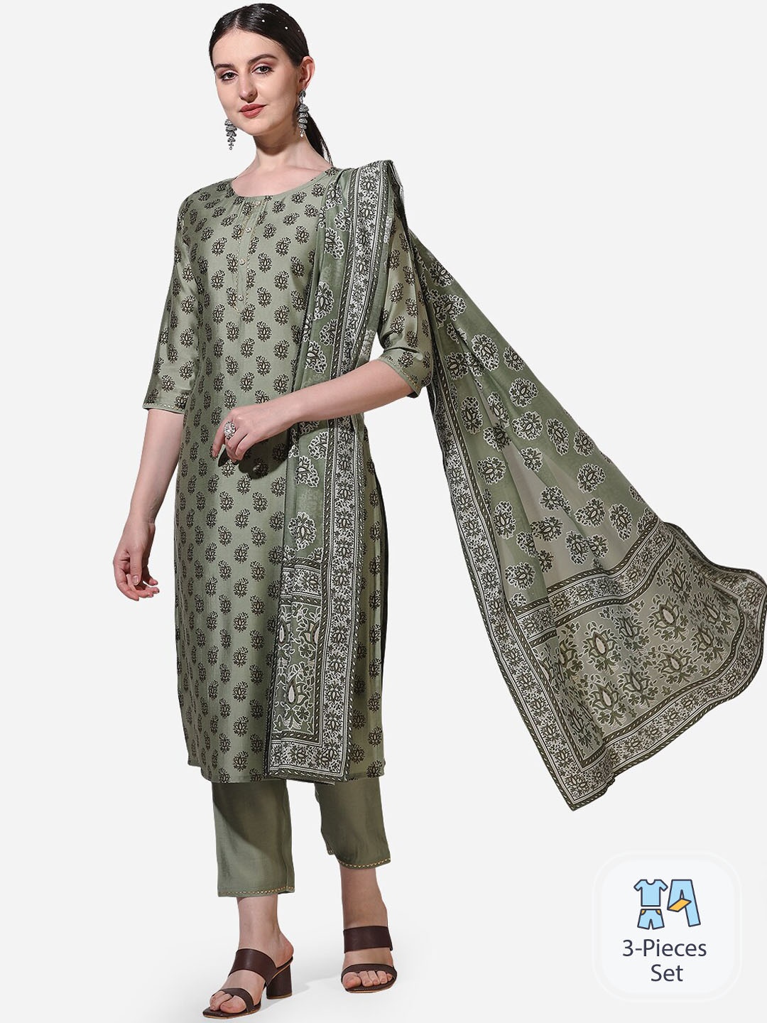 

KALINI Ethnic Motifs Printed Chanderi Cotton Straight Kurta & Trousers With Dupatta, Green