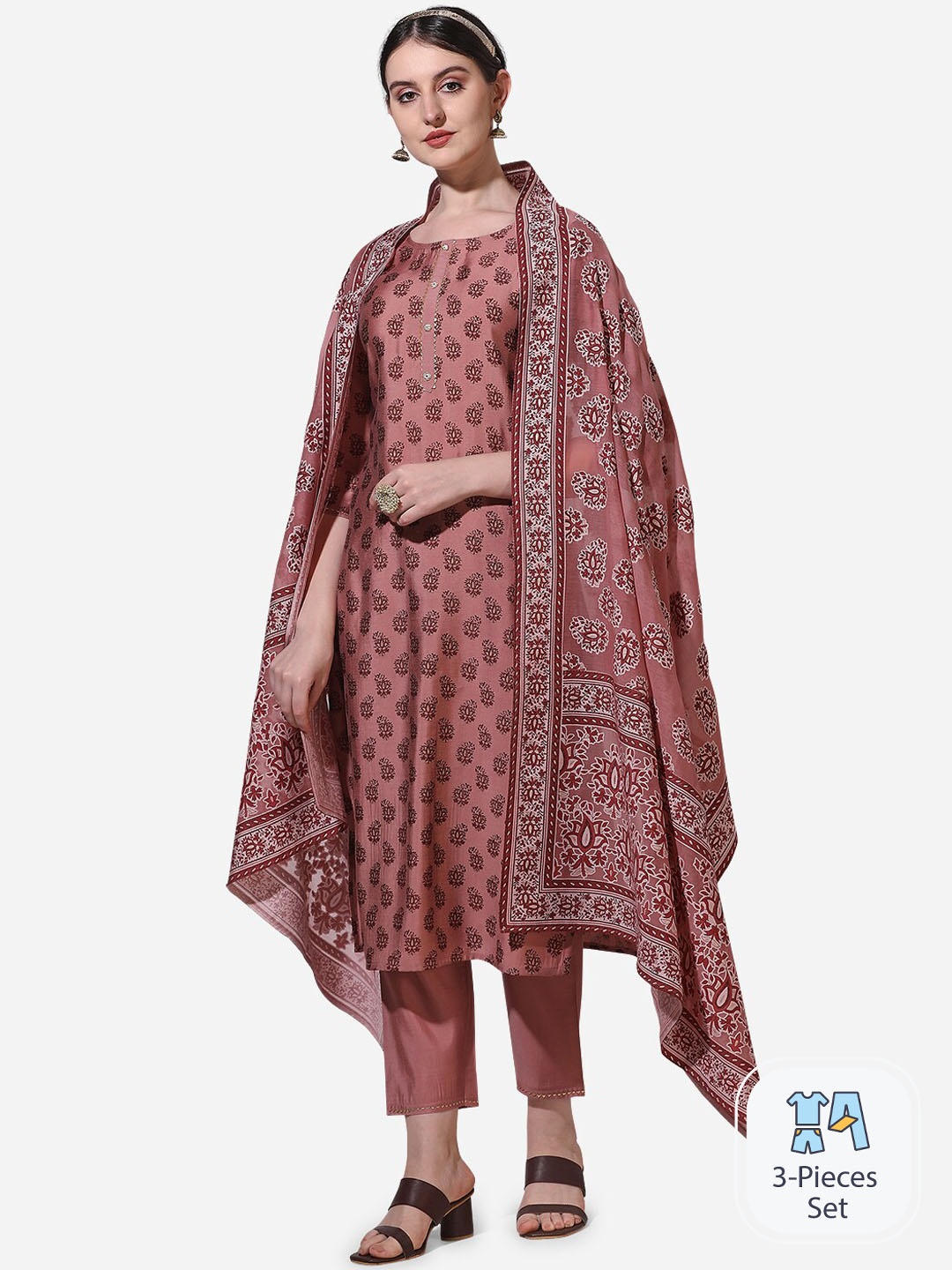 

KALINI Ethnic Motifs Printed Regular Chanderi Cotton Kurta & Trousers With Dupatta, Rust