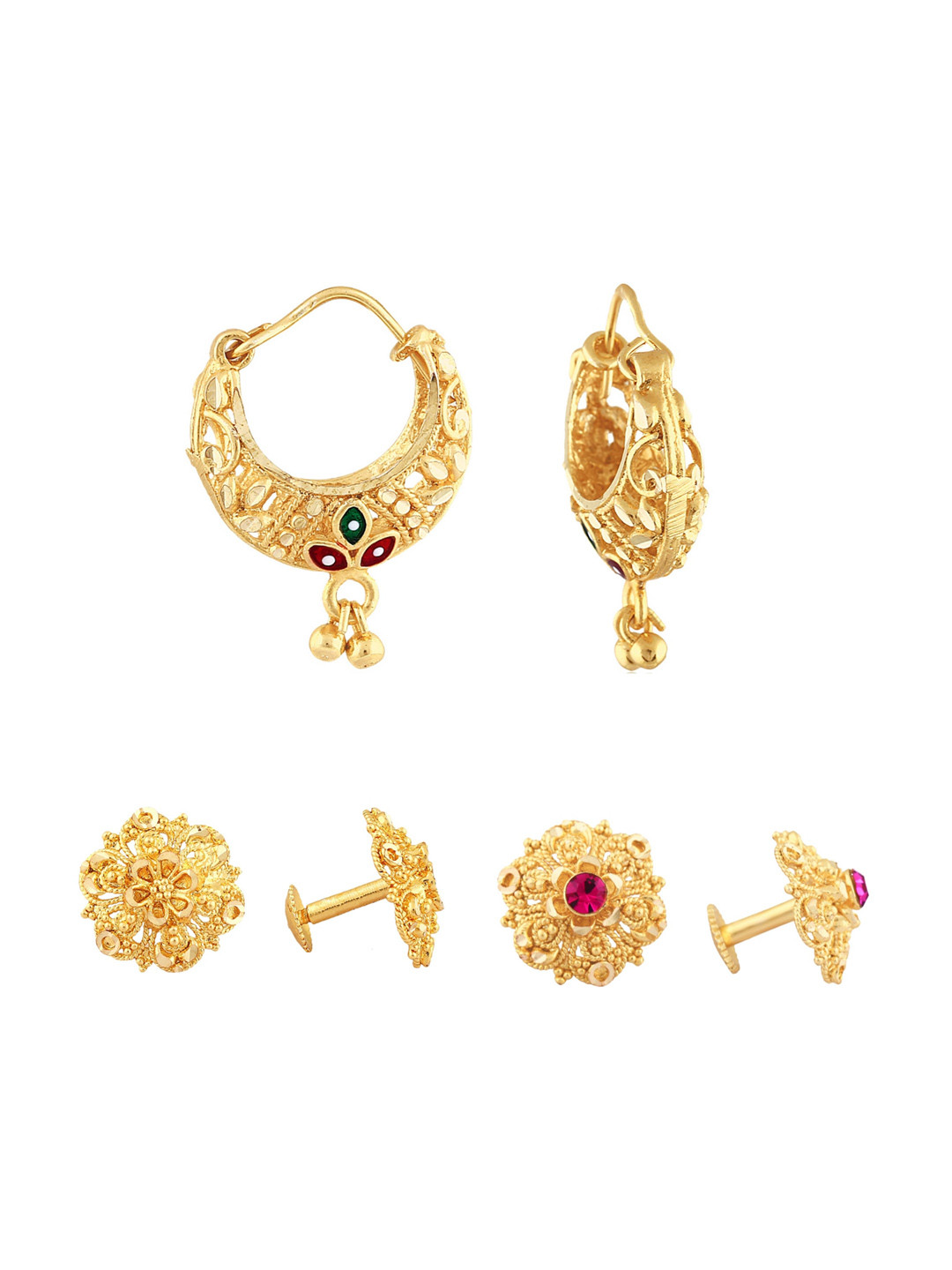 

Vighnaharta Set of 3 Gold Plated Floral Hoop Earrings