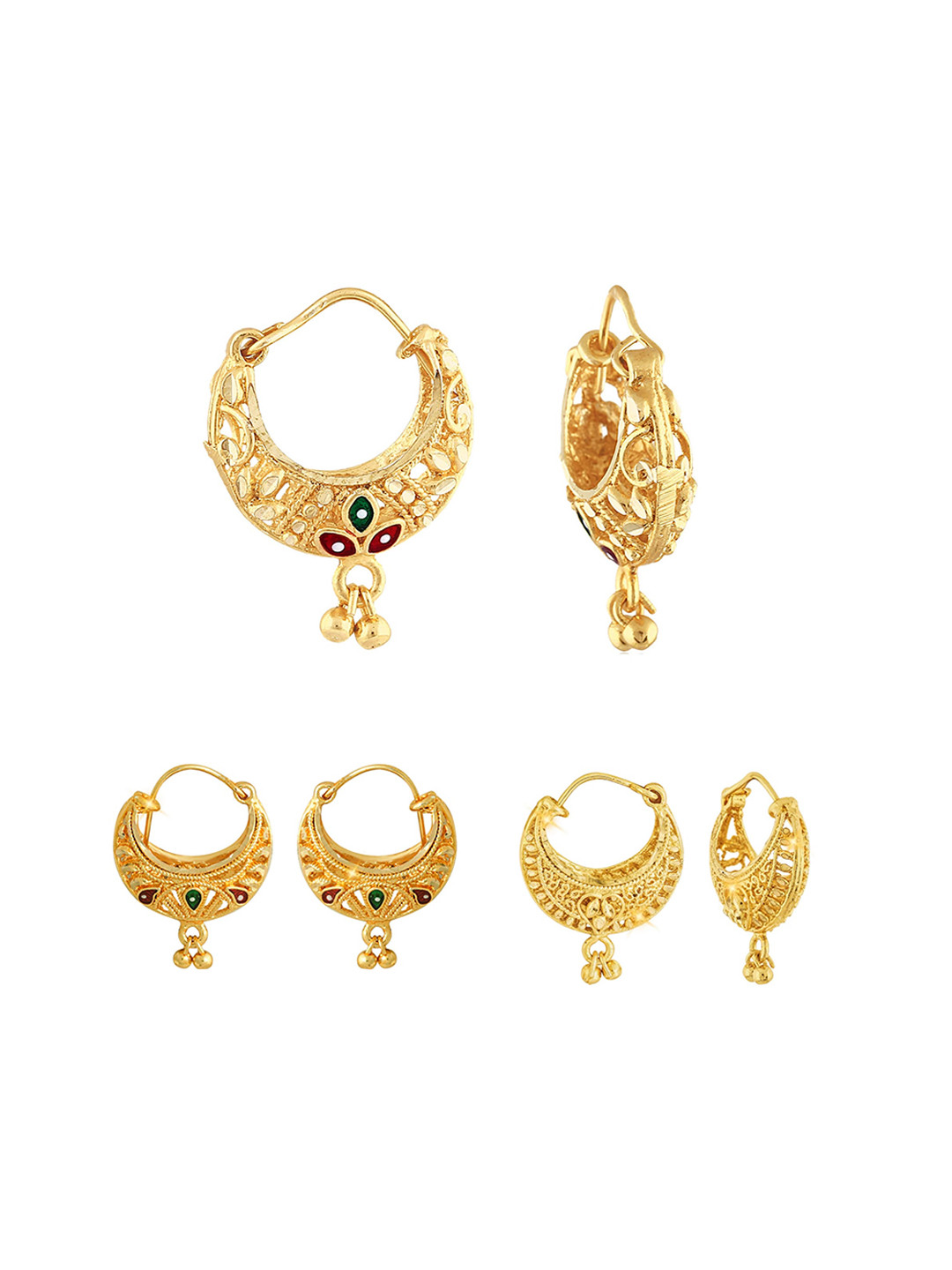

Vighnaharta Set Of 3 Gold-Plated Floral Hoop Earrings