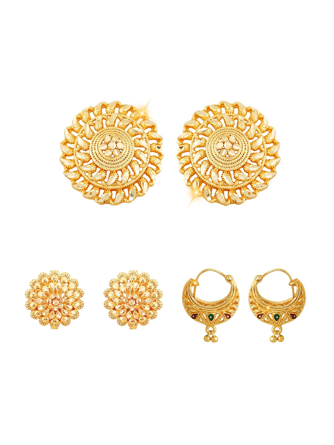 

Vighnaharta Set Of 3 Gold-Plated Floral Studs Earrings