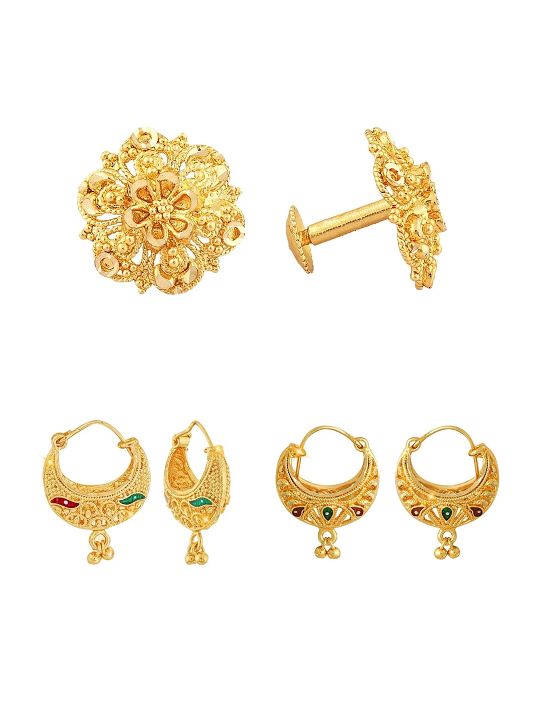 Vighnaharta Set Of 3 Gold-Plated Floral Hoop Earrings