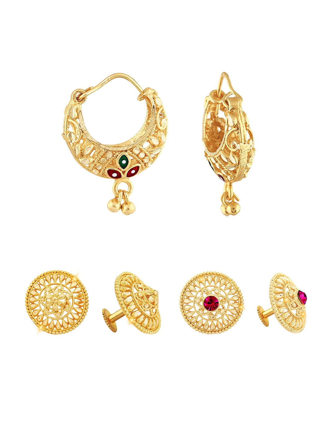 

Vighnaharta Set Of 3 Gold-Plated Floral Studs and Hoop Earrings