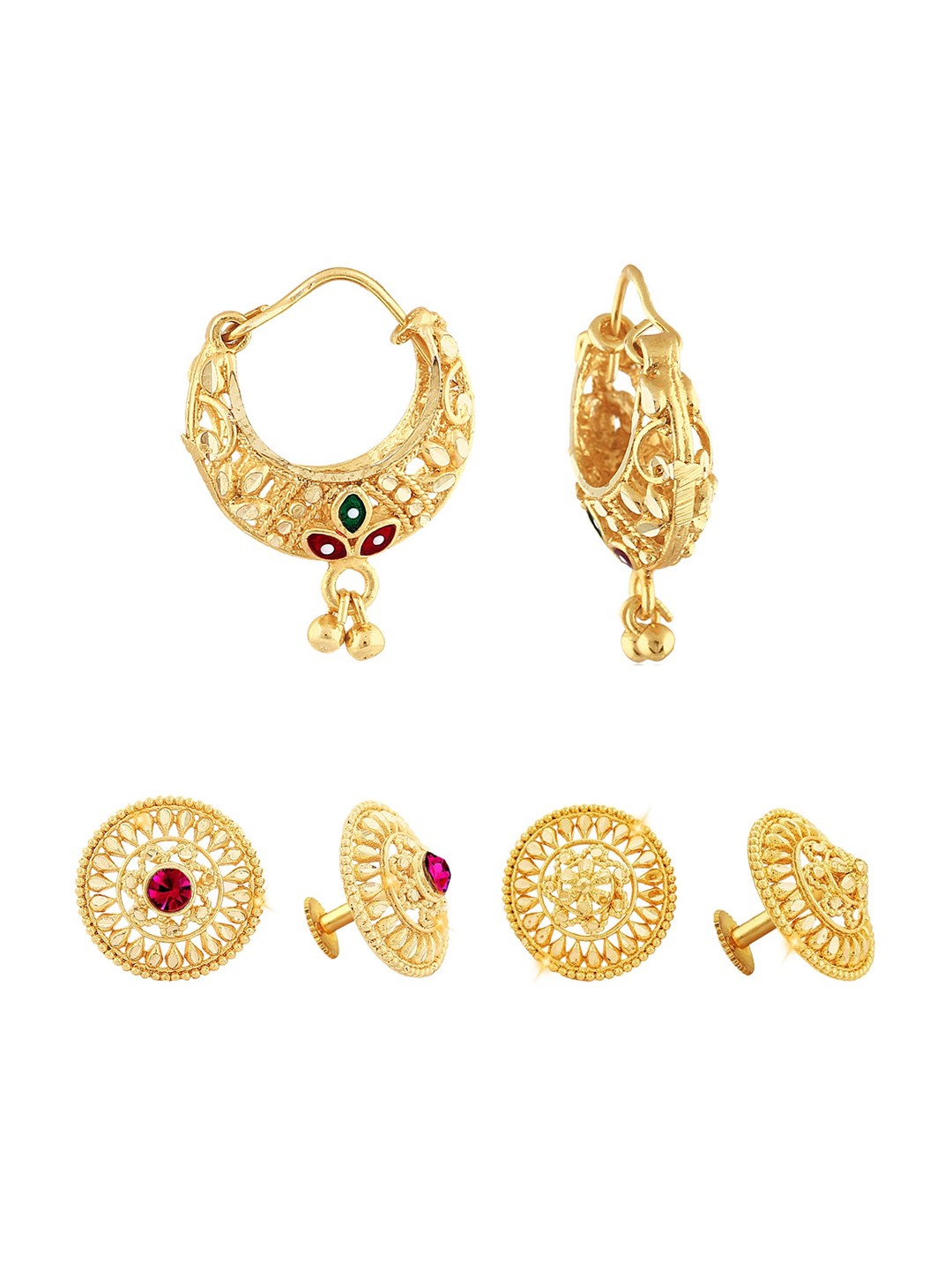

Vighnaharta Set Of 3 Gold-Plated Floral Hoop Earrings