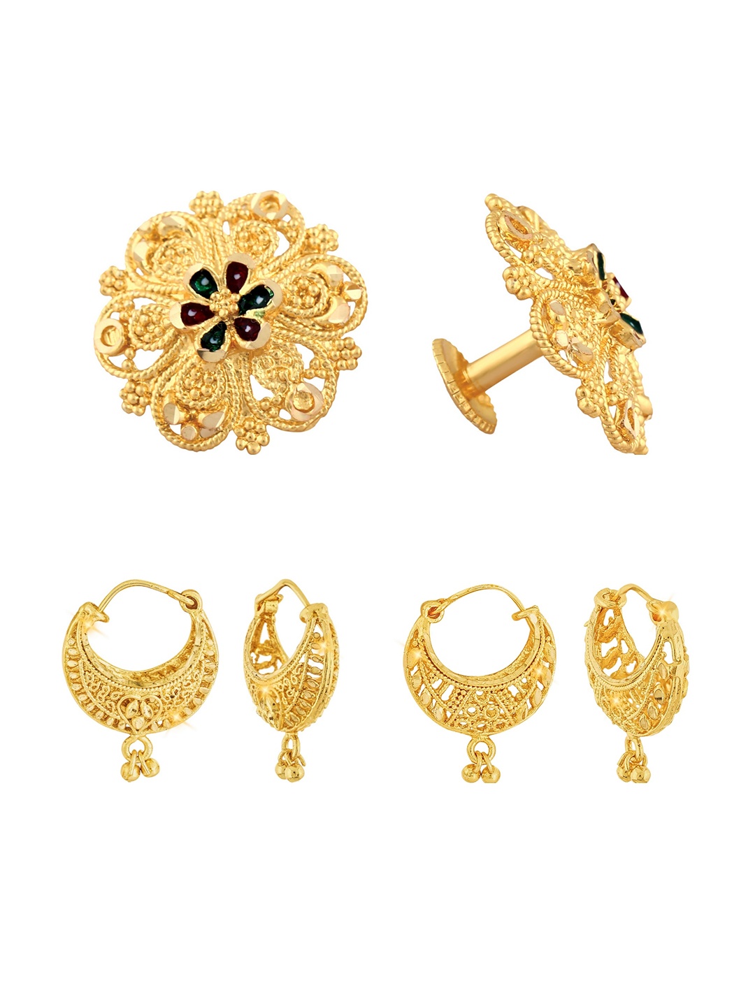 

Vighnaharta Set of 3 Floral Hoop Earrings, Gold
