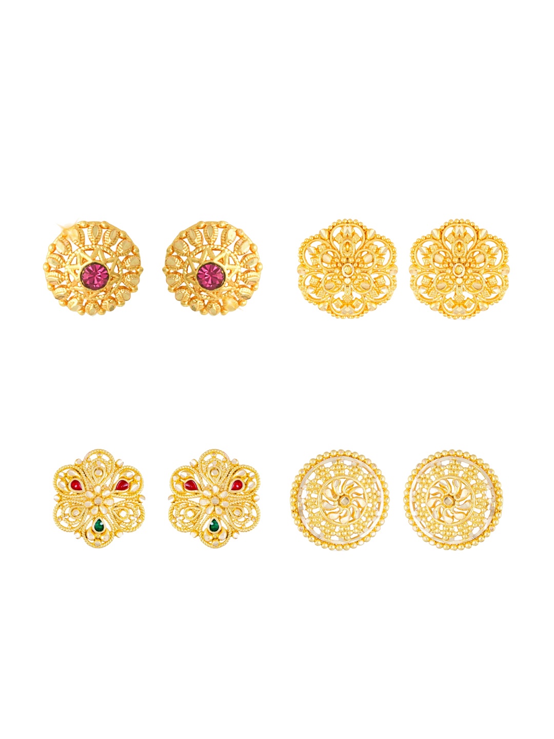 

Vighnaharta Set Of 4 Gold-Plated Stone-Studded Floral Studs Earrings