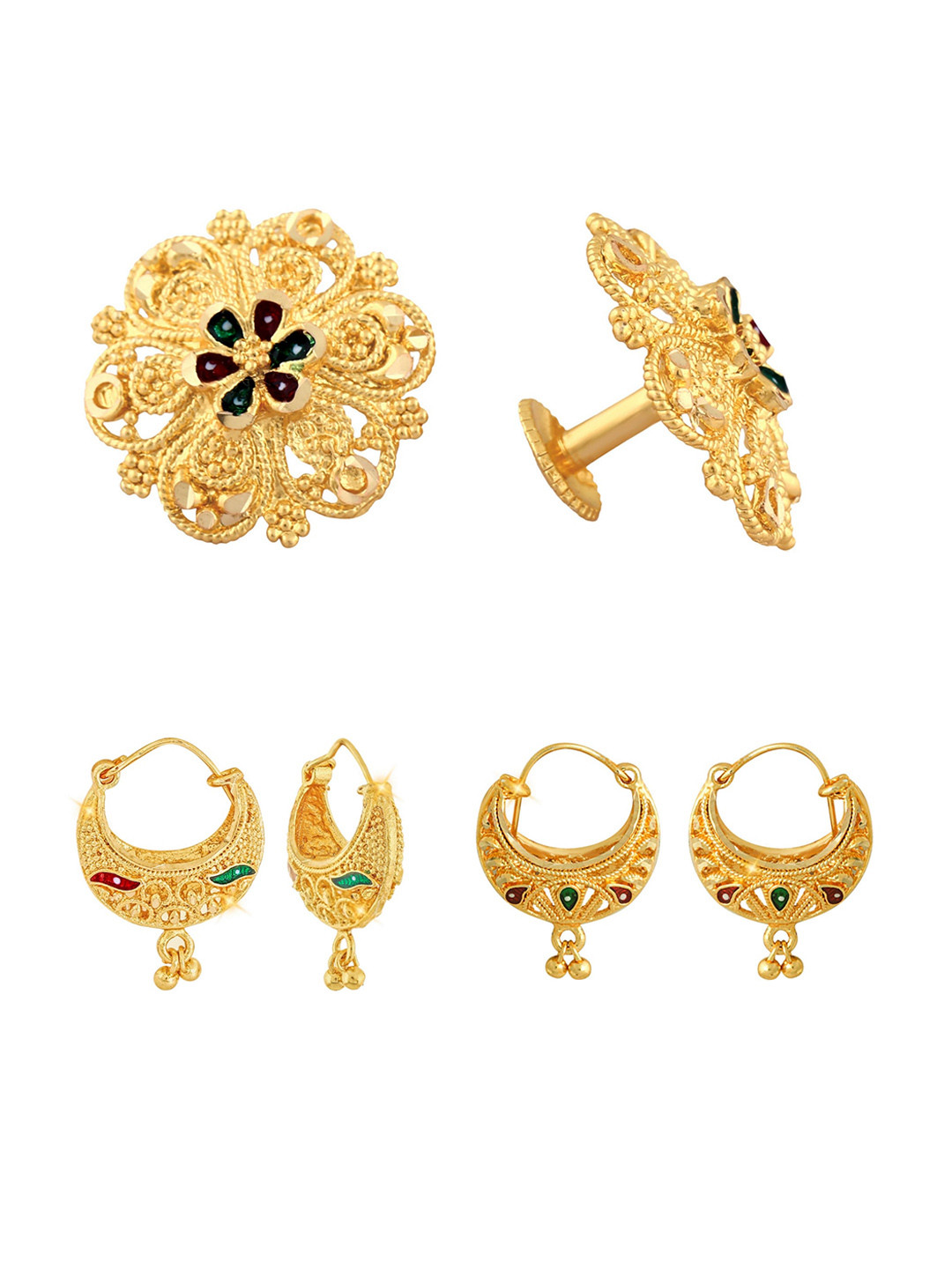 

Vighnaharta Set Of 3 Gold-Plated Floral Hoop Earrings