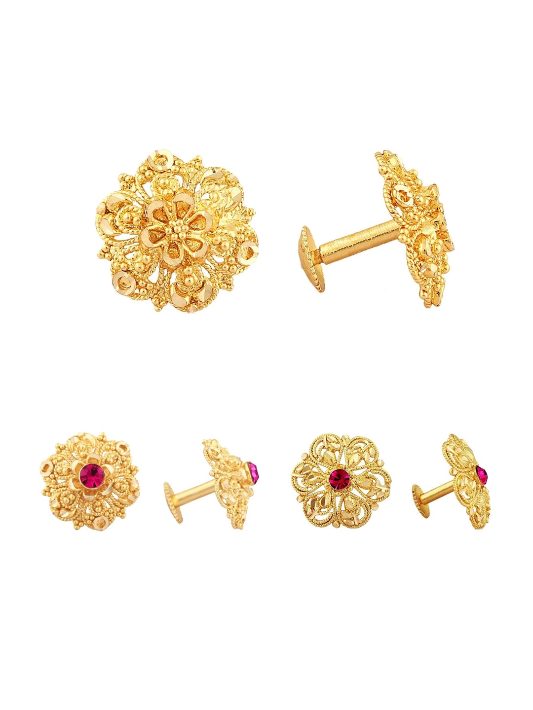 

Vighnaharta Set Of 3 Gold-Plated Floral Stone Studded Studs Earrings