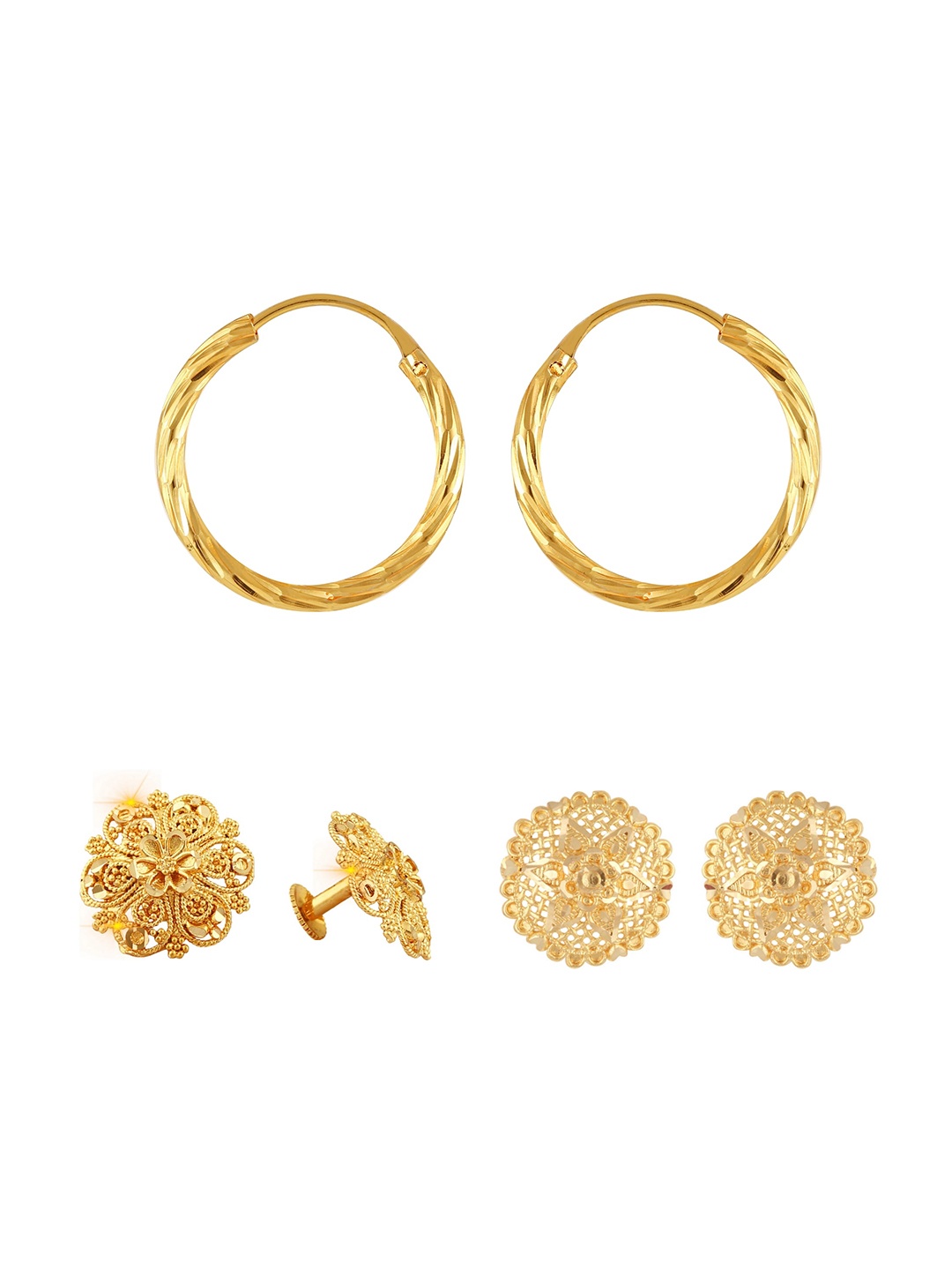 Vighnaharta Set Of 3 Gold-Plated Floral Hoop Earrings
