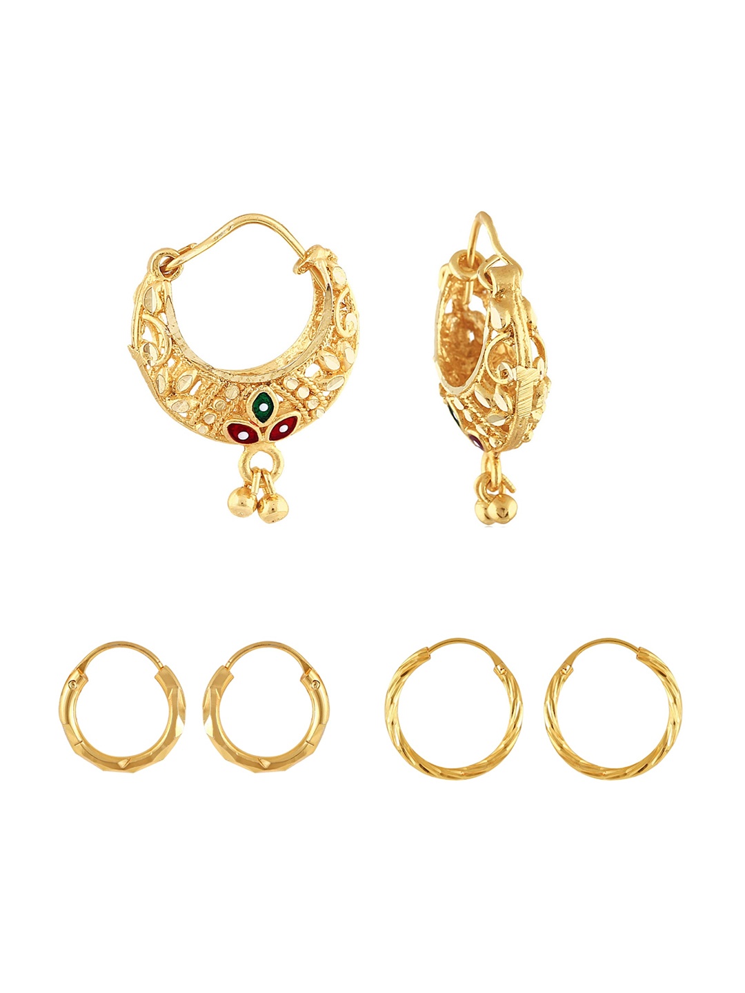 

Vighnaharta Set Of 3 Gold-Plated Stone-Studded Circular Hoop Earrings