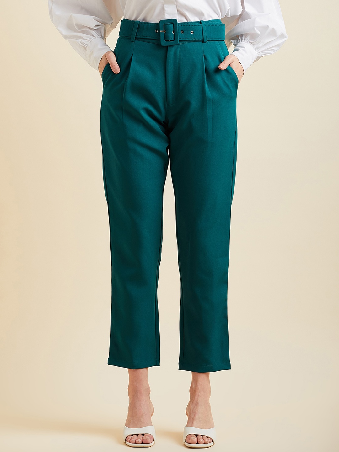 

PANIT Women Comfort High-Rise Wrinkle Free Pleated Peg Trousers, Teal