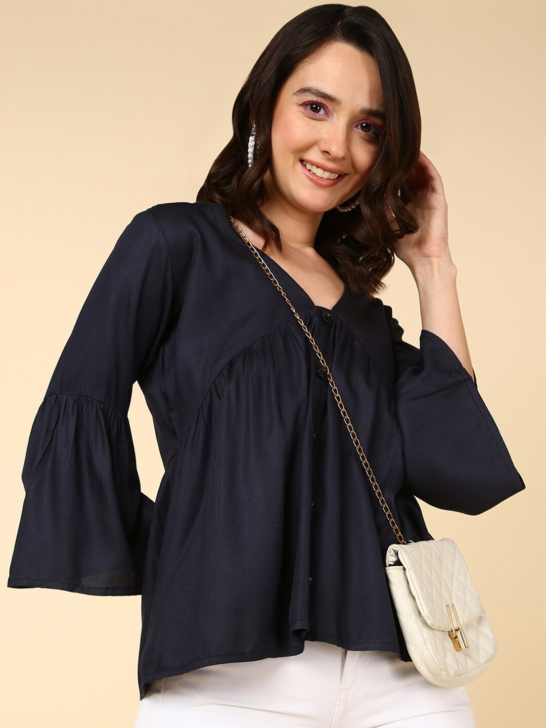 

MALHAAR V-Neck Bell Sleeves Cotton A-line Top, Black