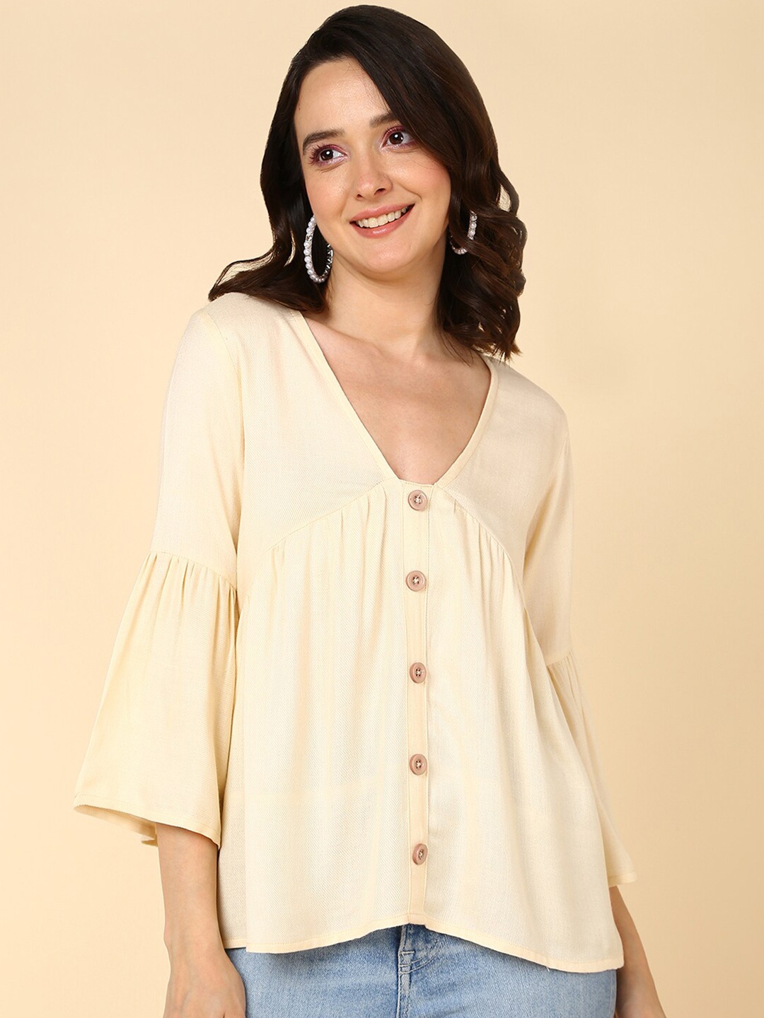 

MALHAAR V-neck Bell Sleeve Empire Top, Cream