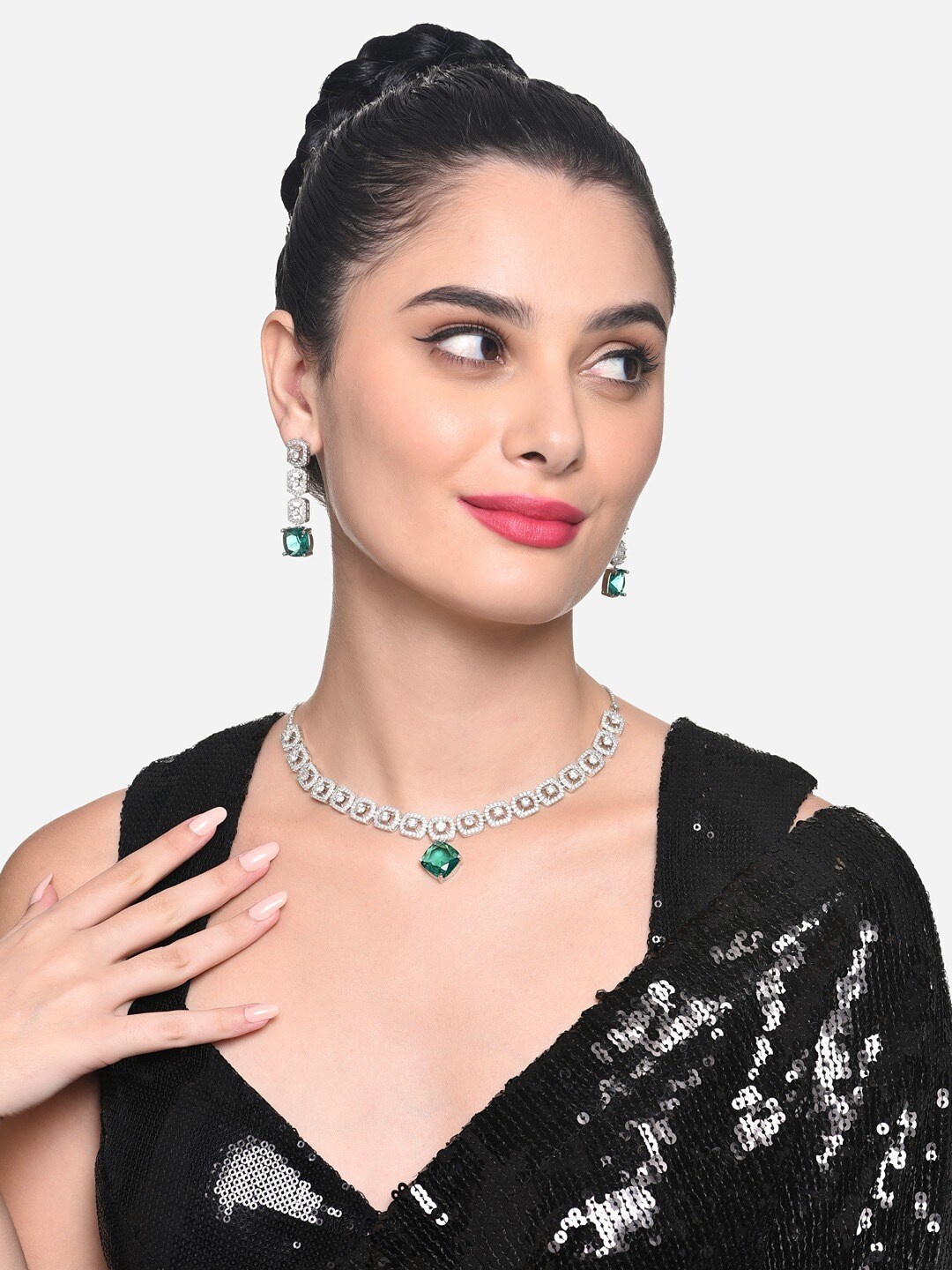 

Zaveri Pearls Silver-Plated CZ Studded Necklace & Earrings