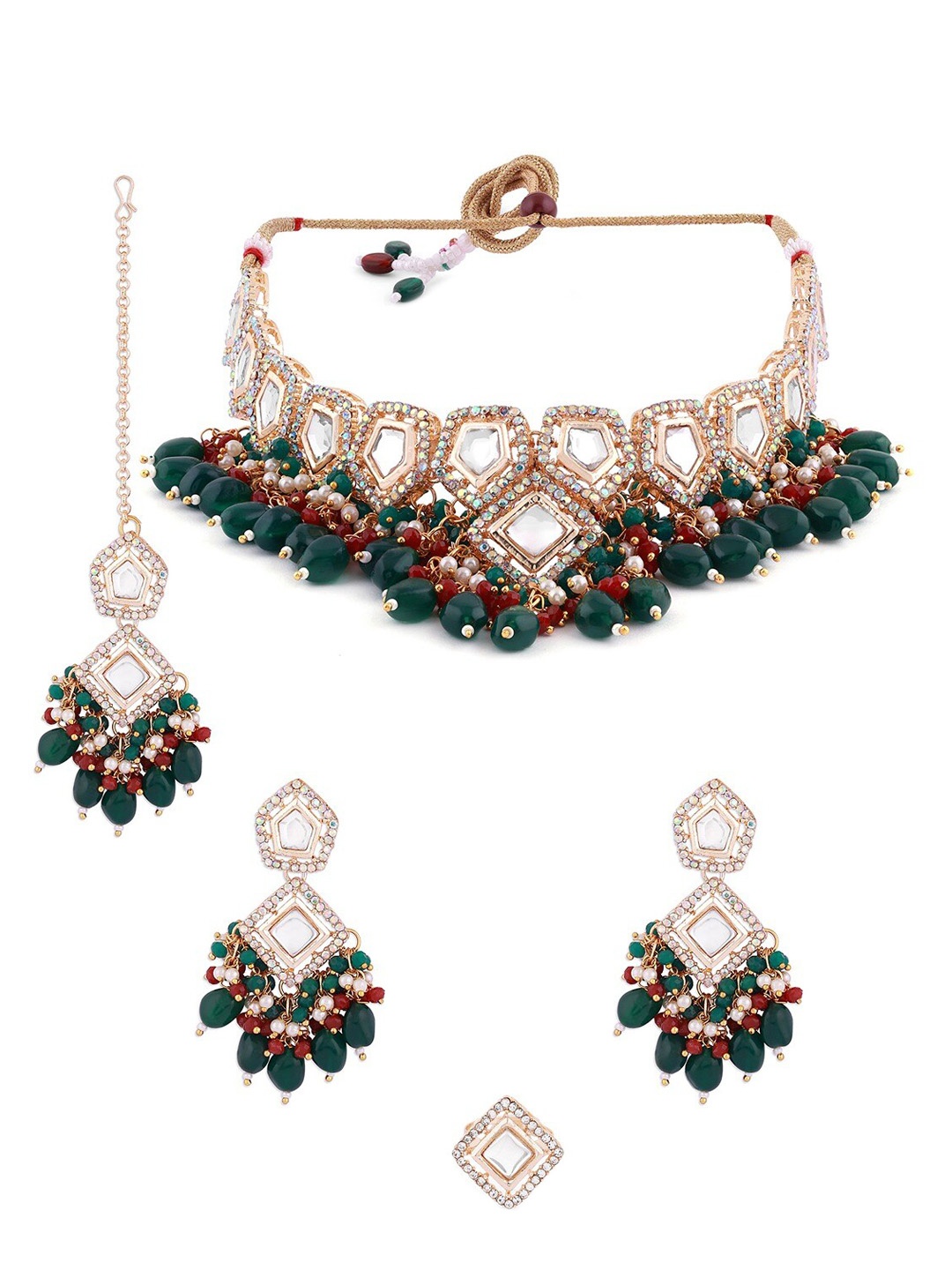 

Zaveri Pearls Gold-Plated Stone Studded & Beaded Necklace & Earrings With Maang Tika