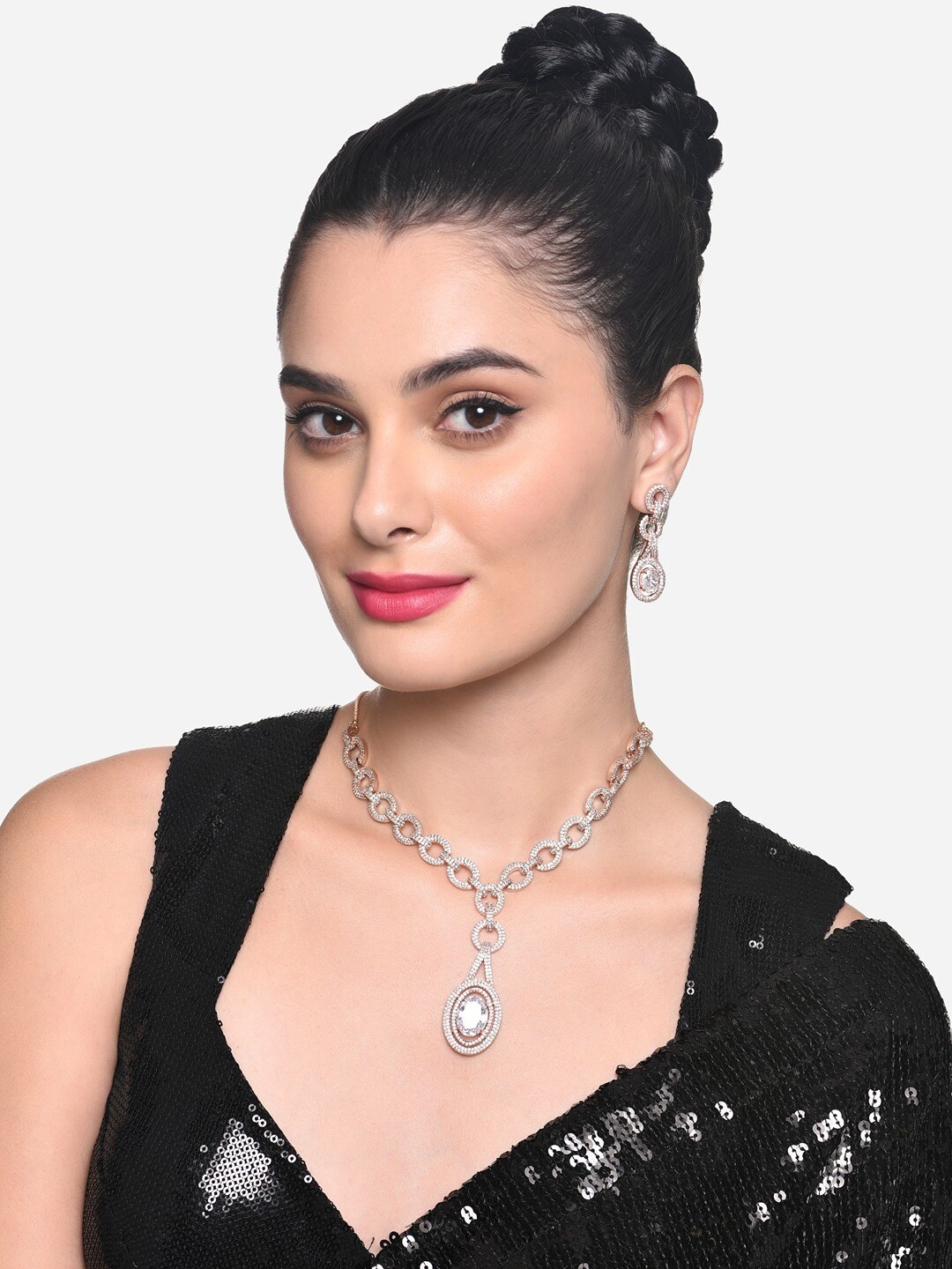

Zaveri Pearls Rose Gold-Plated CZ Studded Necklace & Earrings