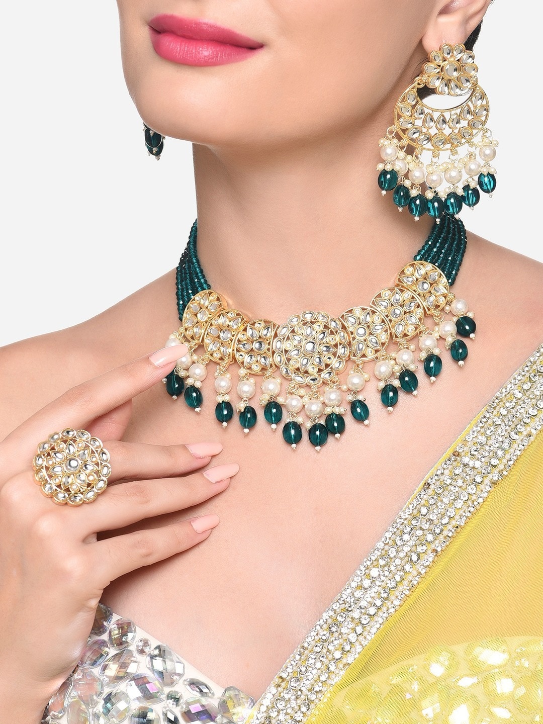 

Zaveri Pearls Gold-Plated Kundan Studded & Beaded Necklace & Earrings With Finger Ring