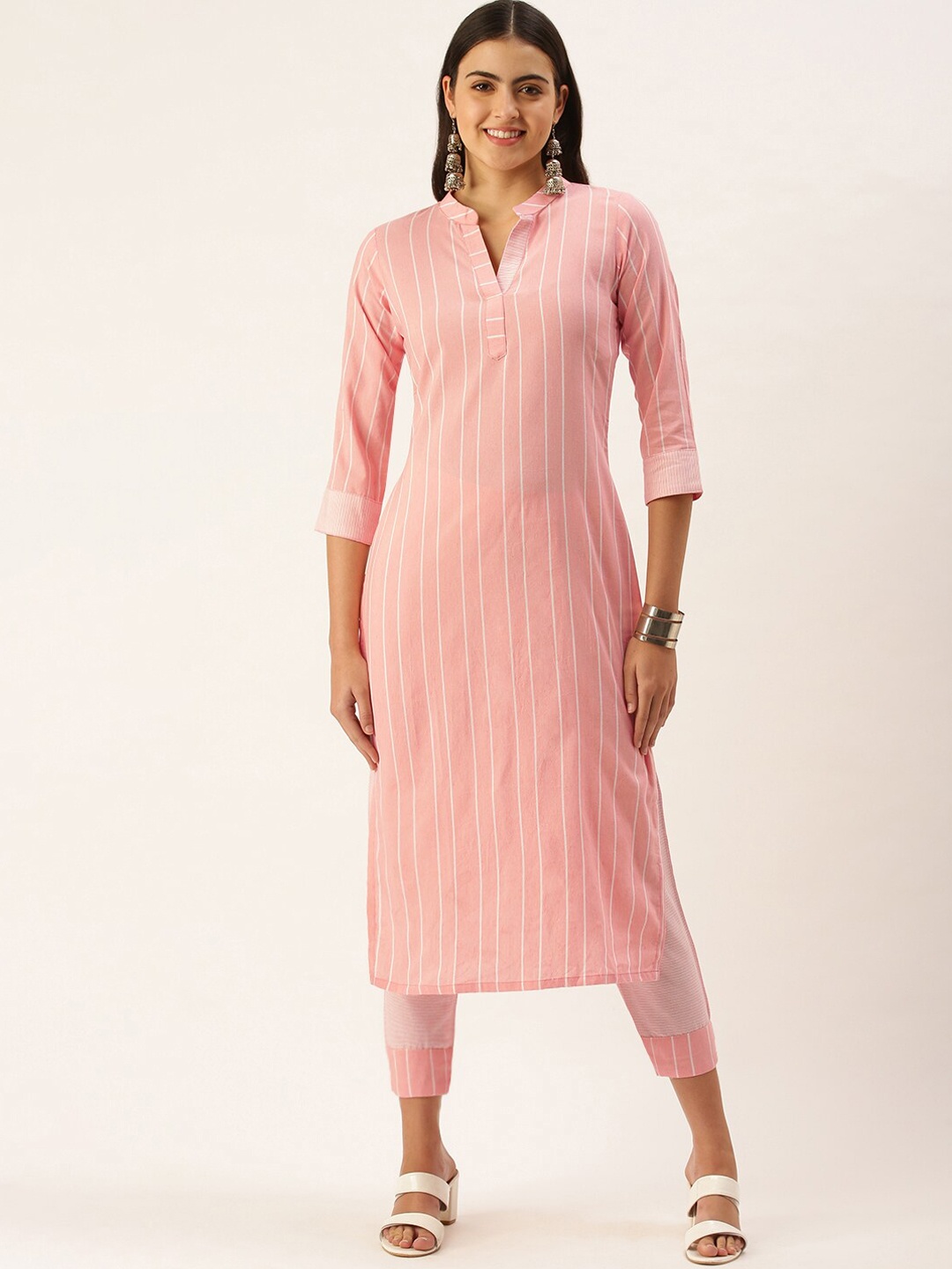 

KALINI Mandarin Collar Striped Regular Kurta with Trousers, Pink