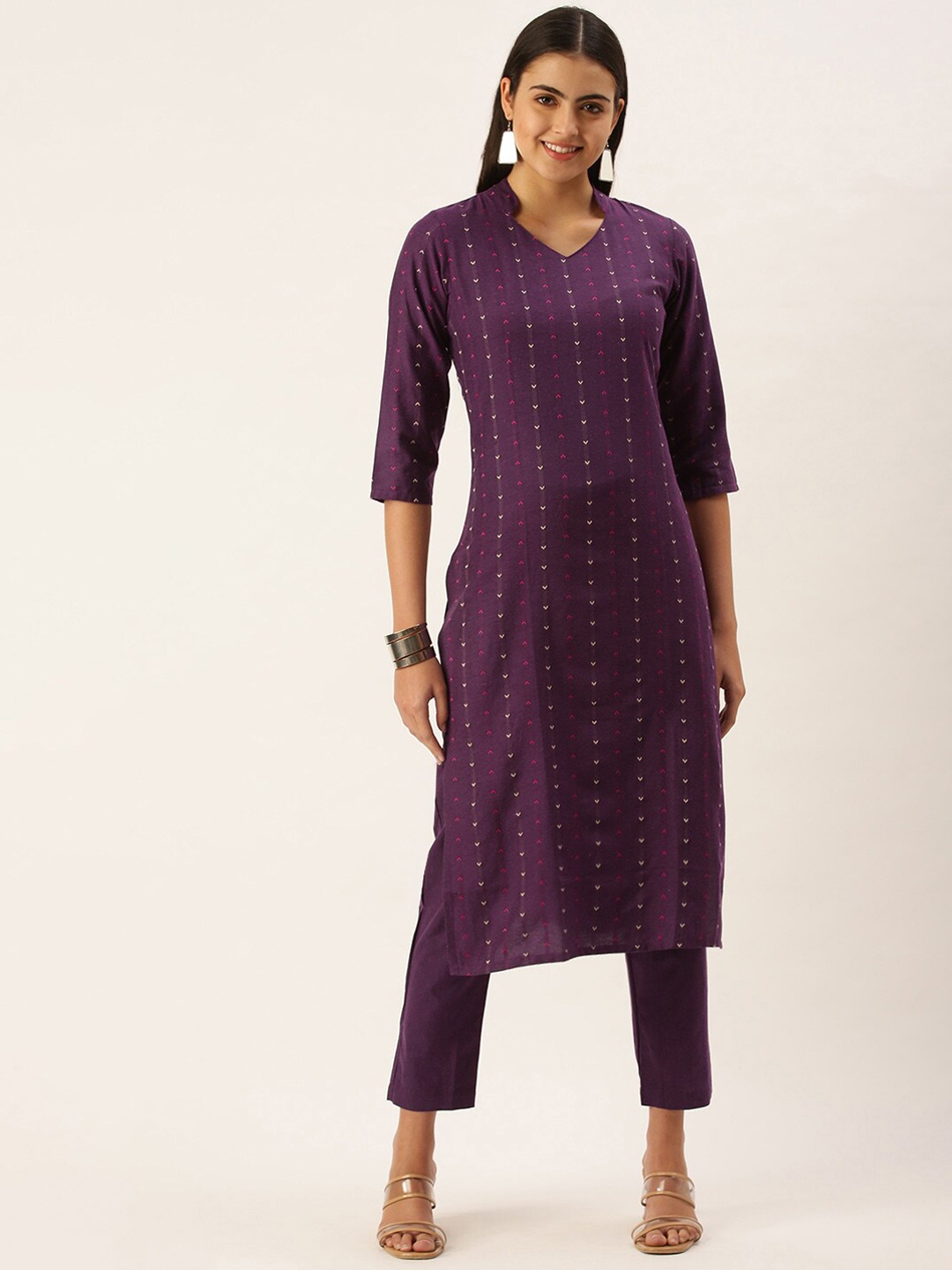 

KALINI Striped Woven Design Mandarin Collar Kurta With Trousers, Violet