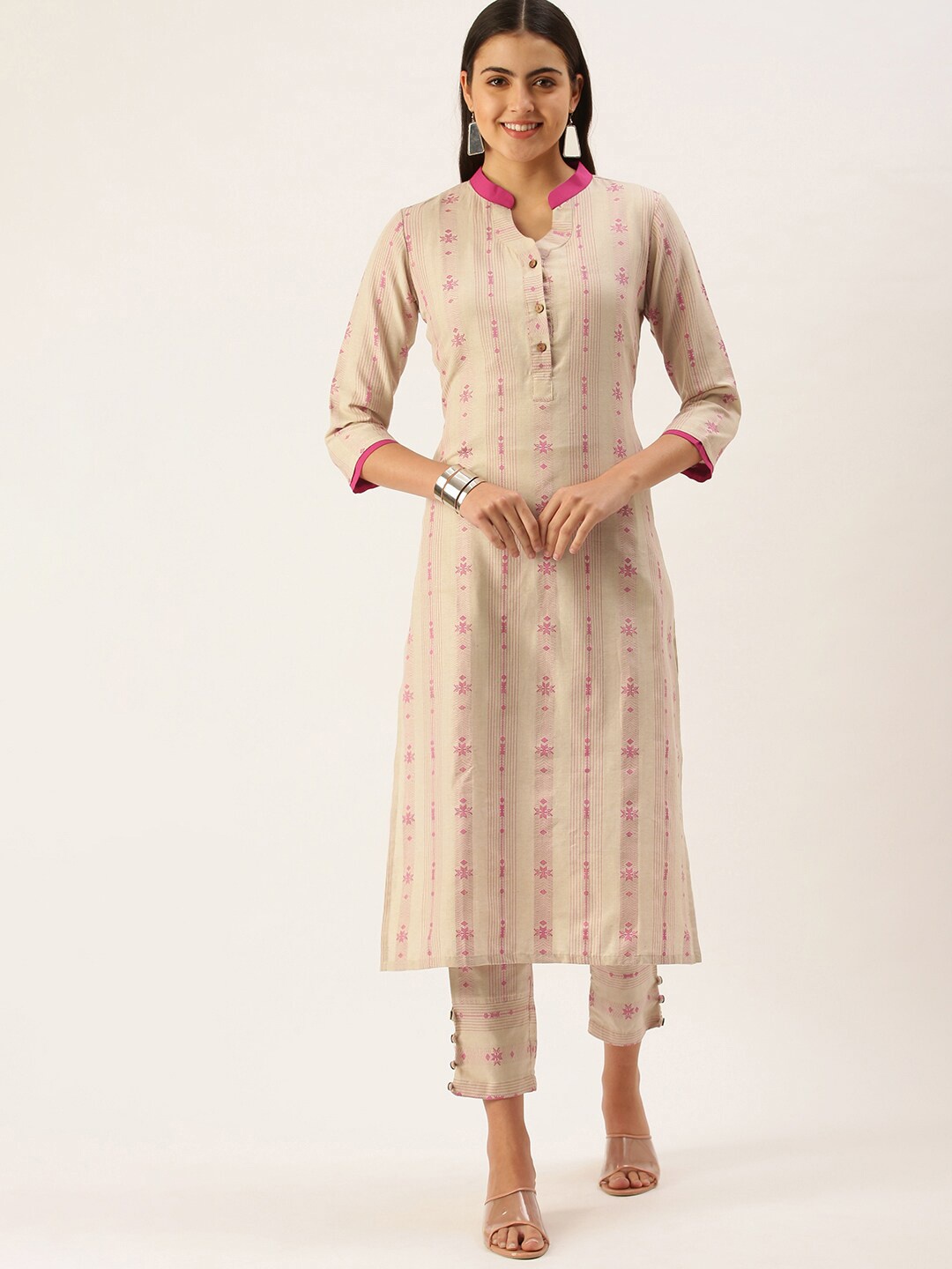 

KALINI Woven Design Ethnic Motifs Mandarin Collar Kurta With Trousers, Beige