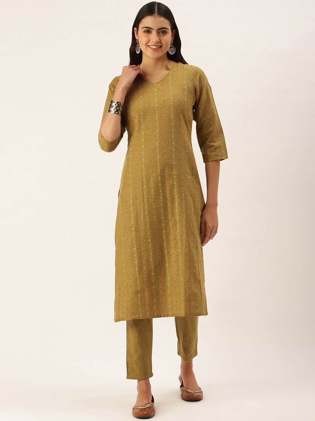 

KALINI Woven Design Mandarin Collar Regular Kurta With Trousers, Mustard