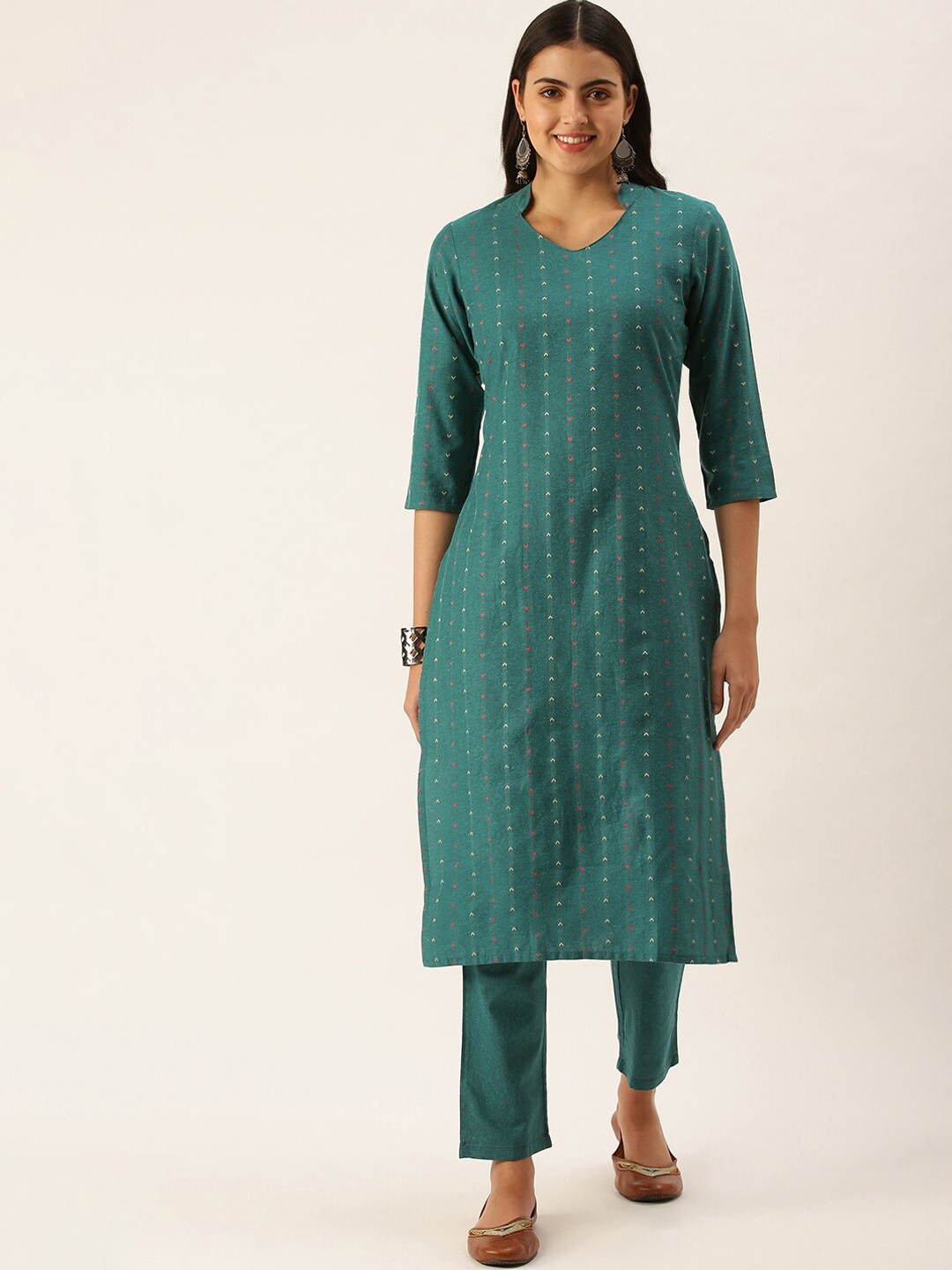 

KALINI Geometric Woven Designed Mandarin Collar Regular Kurta with Trousers, Teal