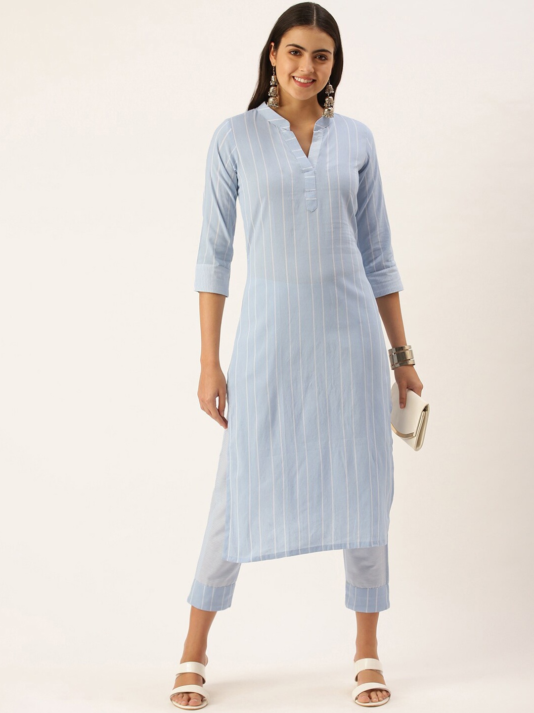 

KALINI Striped Mandarin Collar Straight Kurta With Trousers, Blue