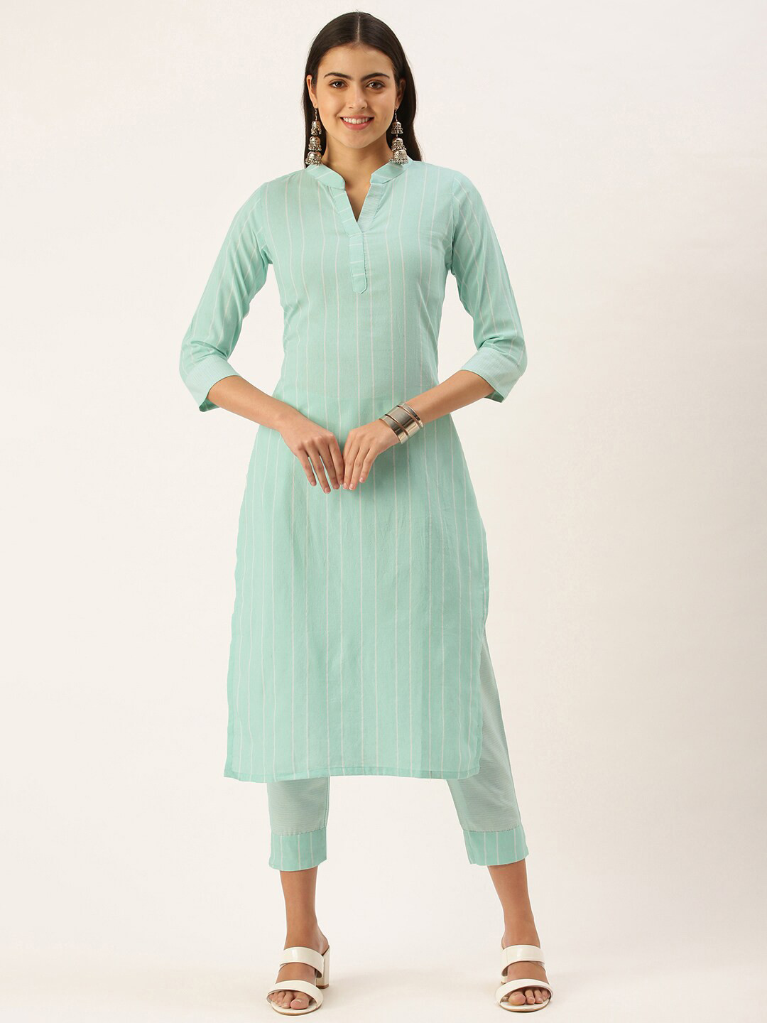 

KALINI Striped Regular Kurta with Trousers, Turquoise blue
