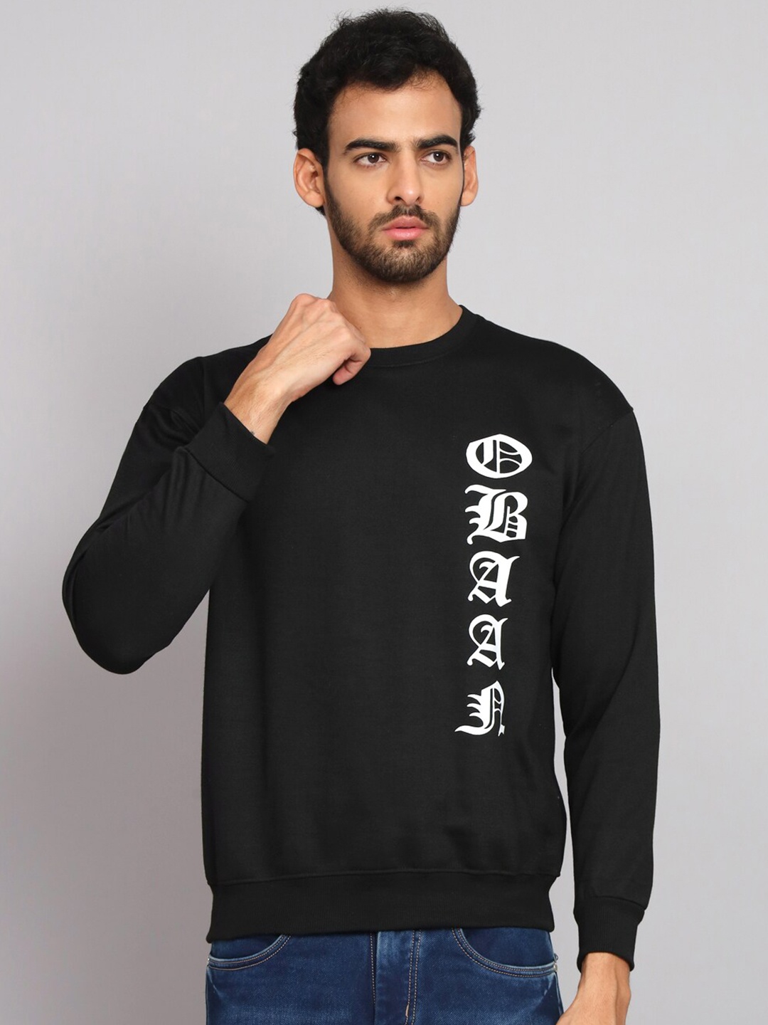 

Obaan Typography Printed Round Neck Sweatshirt, Black