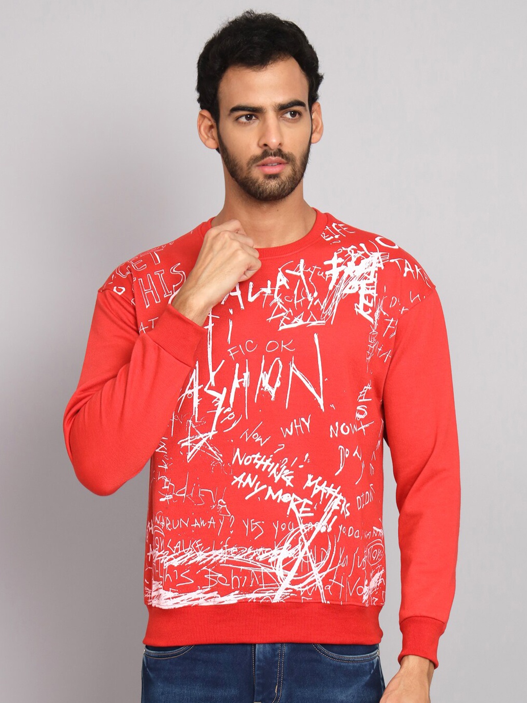 

Obaan Typography Printed Round Neck Sweatshirt, Orange