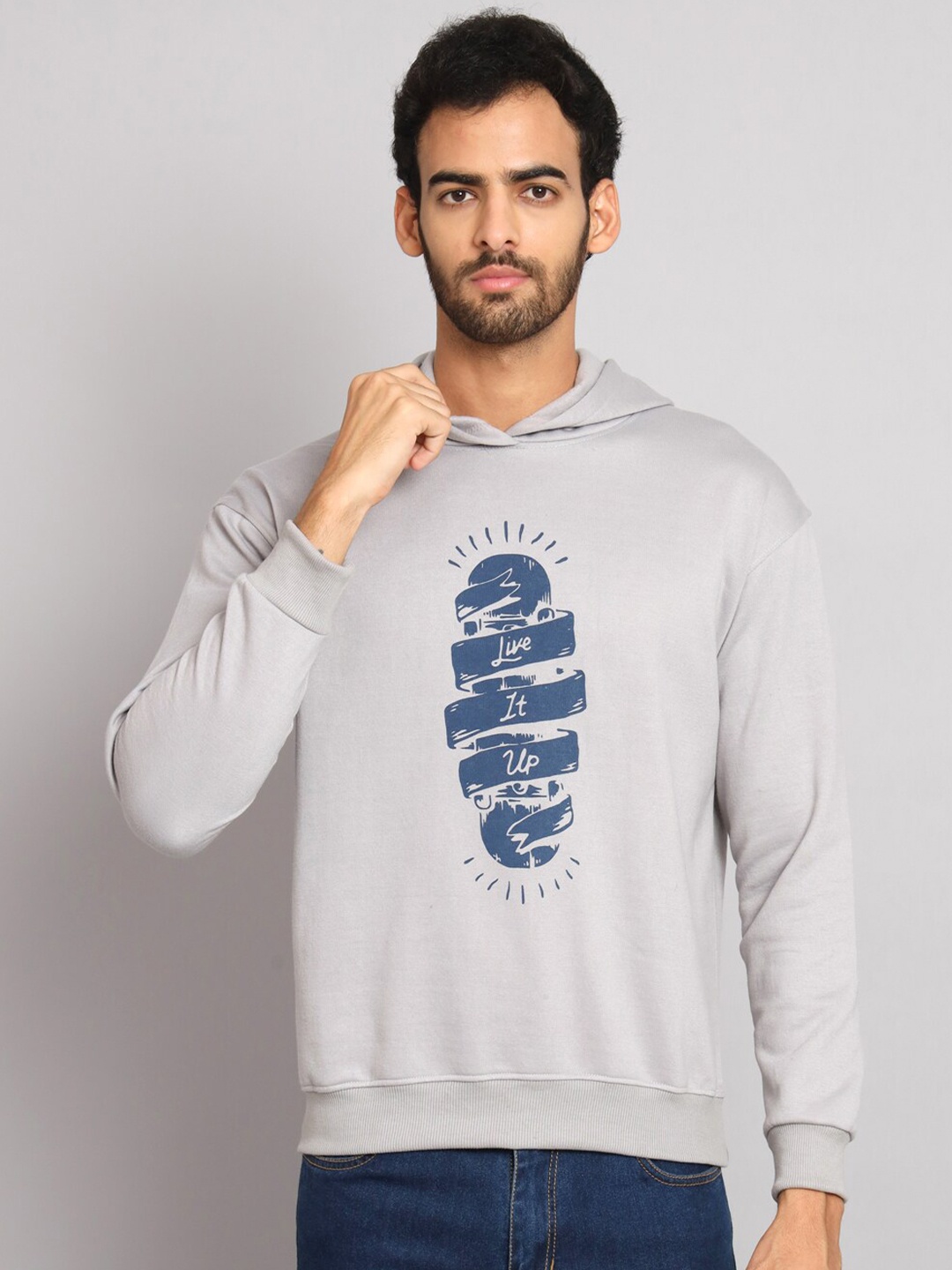 

Obaan Typography Printed Hooded Pullover, Grey