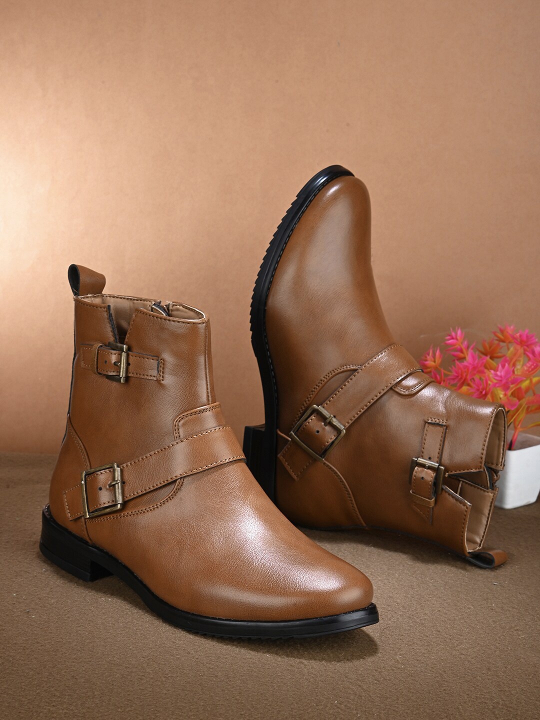 

DressBerry Women Tan Brown Buckled Mid-Top Monk Straps Boots