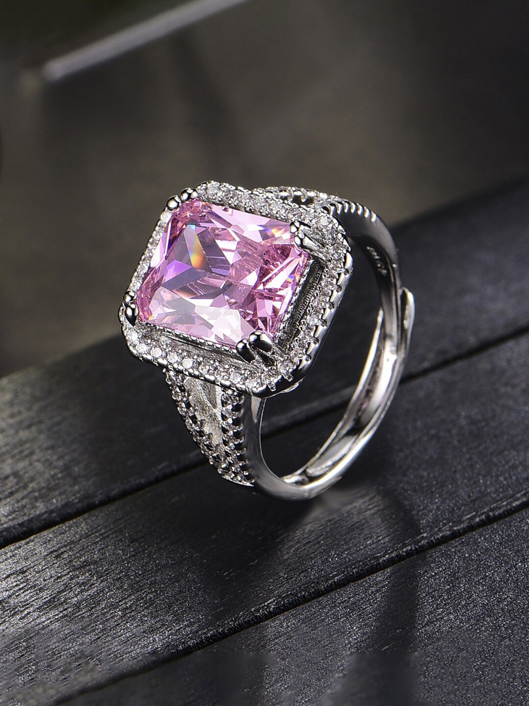 

Designs & You Silver-Plated American Diamond Studded Rectangular Finger Ring