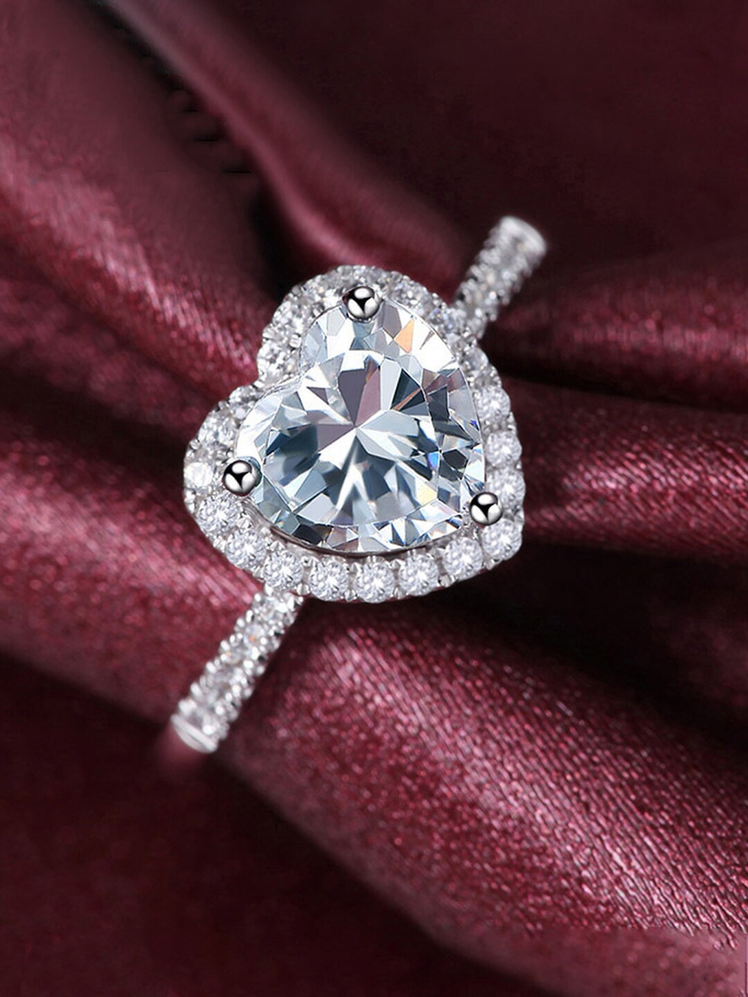 

Designs & You Silver-Plated American Diamond Studded Heart Shaped Finger Ring