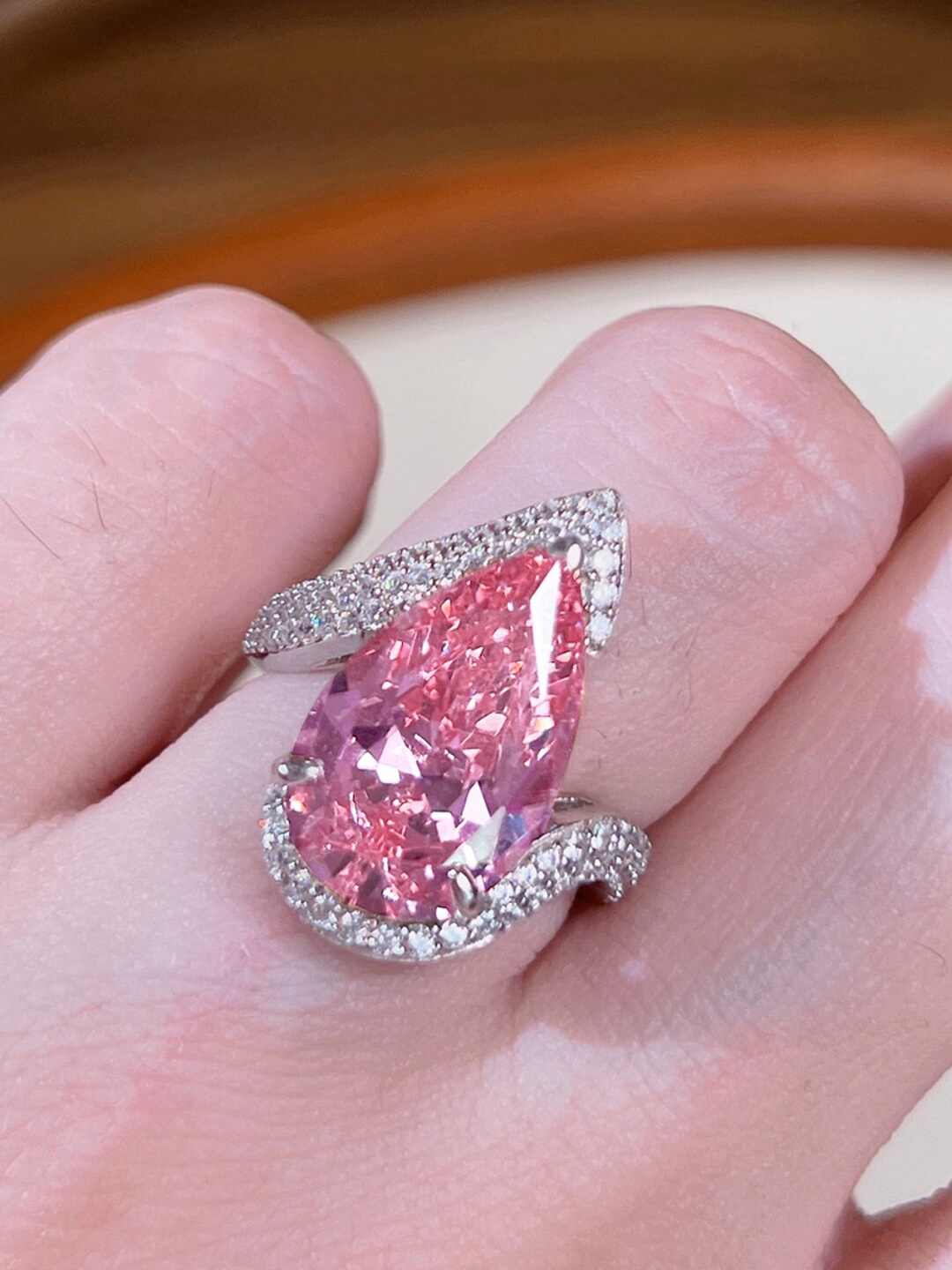 

Designs & You Silver-Plated Teardrop Designed AD-Stone Studded Finger Ring, Pink