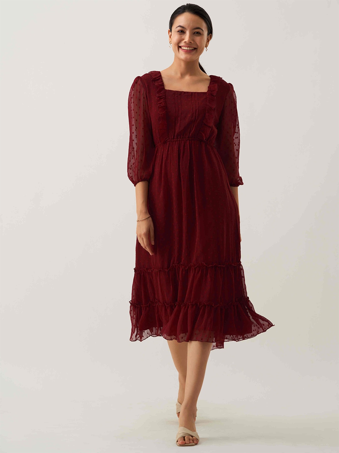 

AASK Puff Sleeves Fit & Flare Midi Dress, Maroon