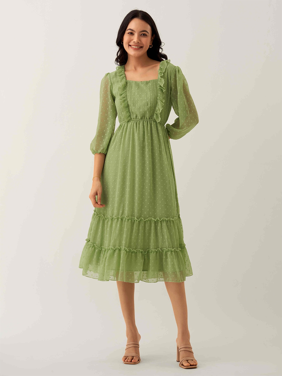 

AASK Self Design Puff Sleeve Ruffles Fit & Flare Midi Dress, Green