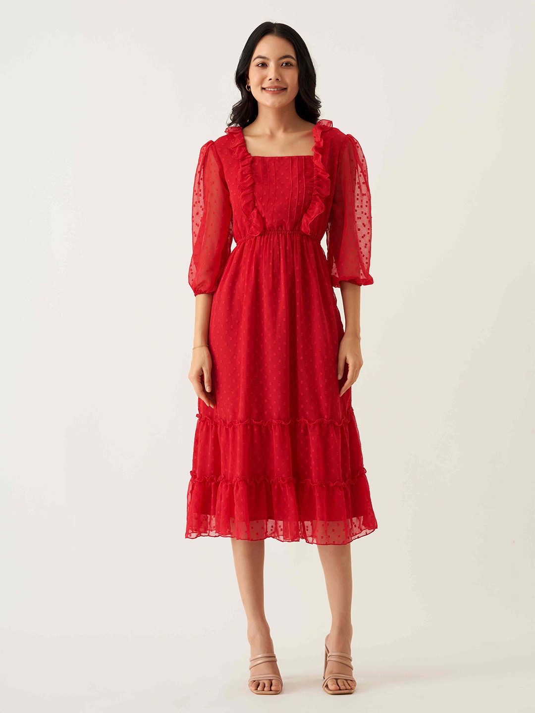 

AASK Self Design Ruffles Fit & Flare Midi Dress, Red