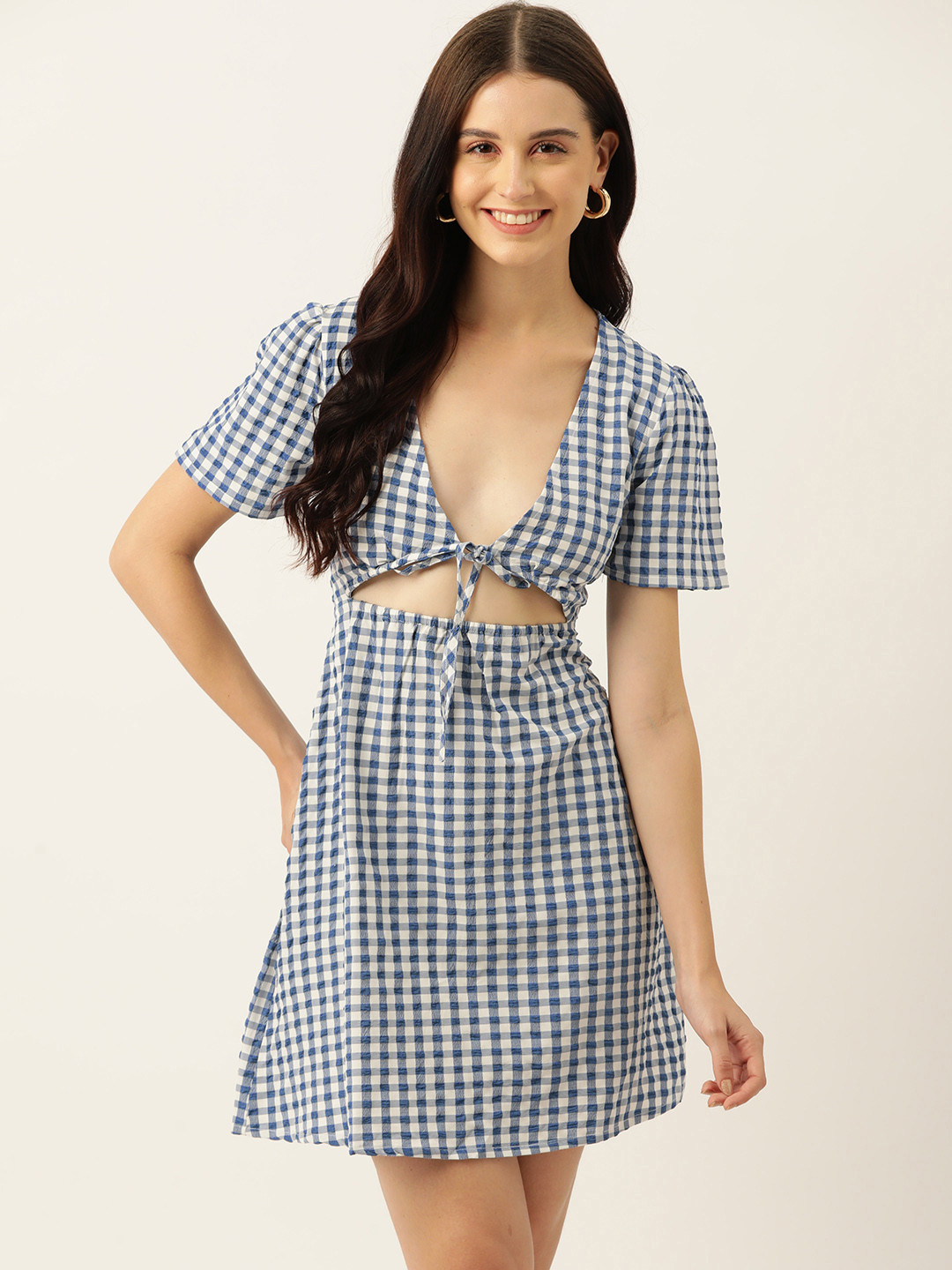 

Mast & Harbour Checked Tie-Up Neck Crepe A-Line Mini Dress, Blue