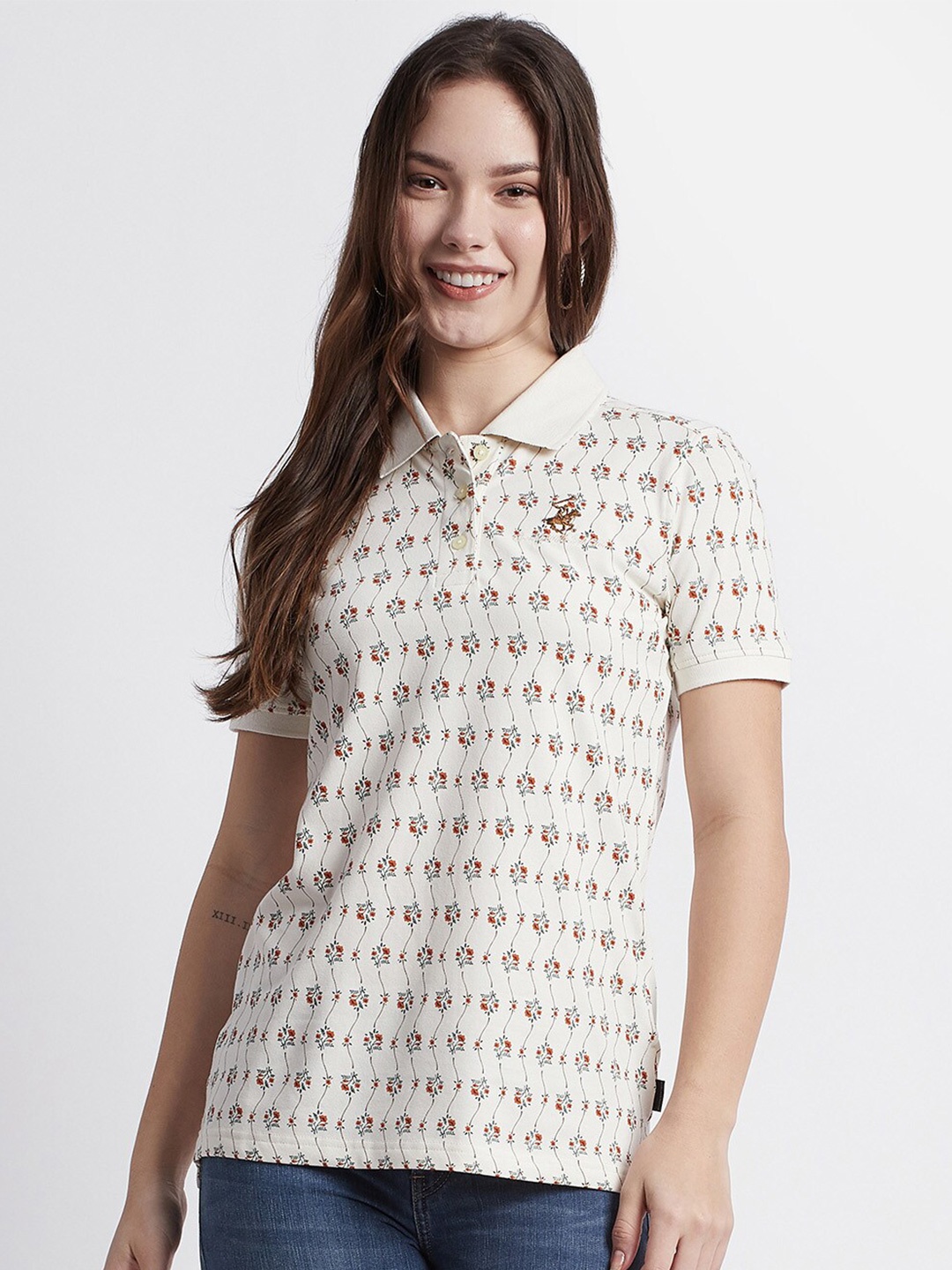 

Beverly Hills Polo Club Floral Printed Polo Collar Cotton Casual T-shirt, Cream