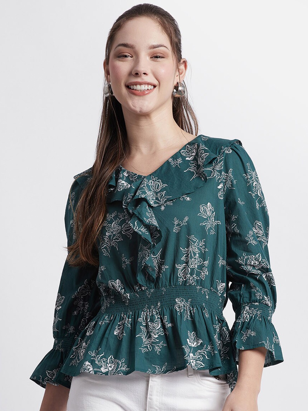 

Beverly Hills Polo Club Green Floral Printed Bell Sleeve Ruffles Cotton Cinched Waist Top