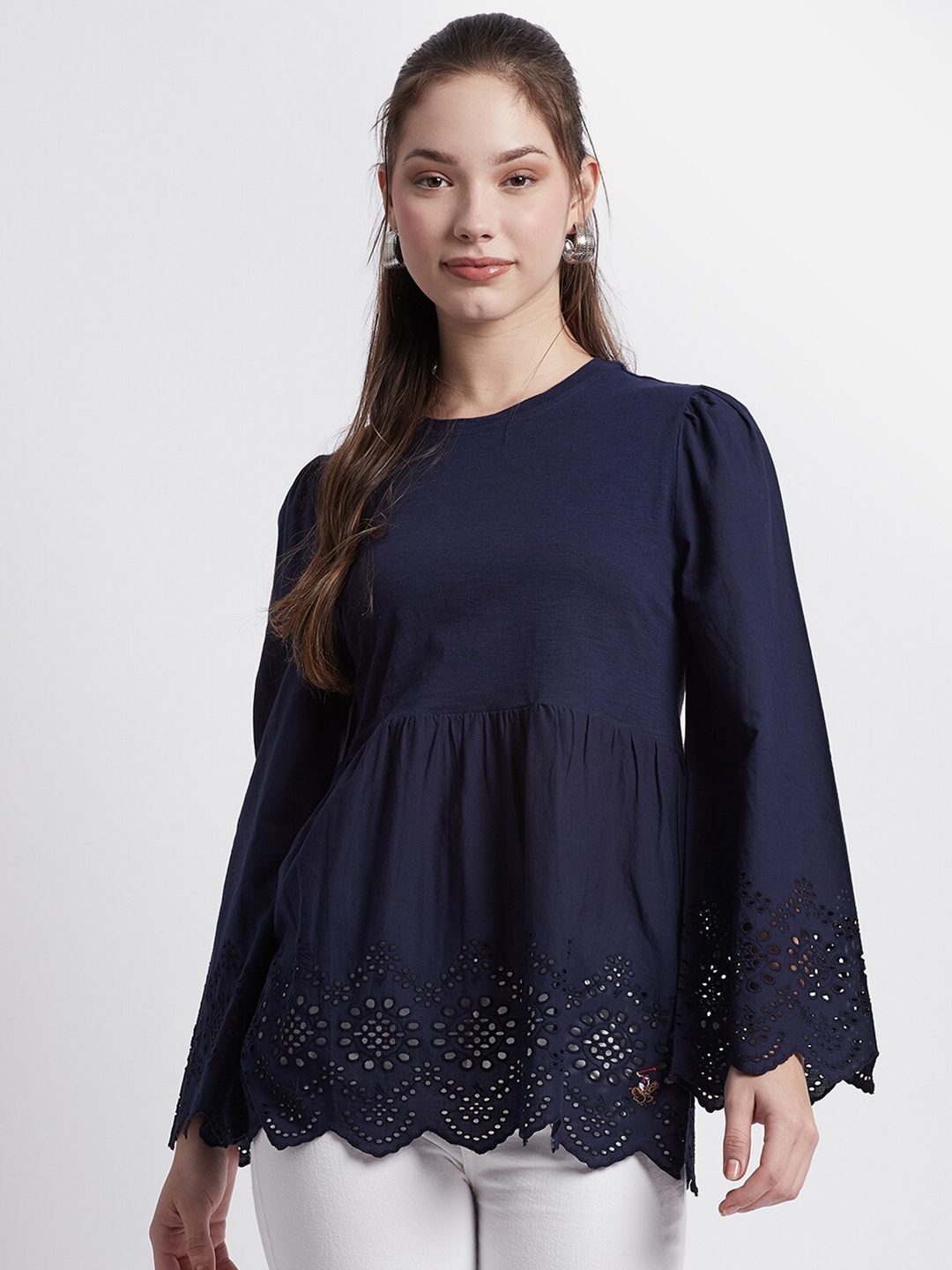 

Beverly Hills Polo Club Flared Sleeves Empire Pure Cotton Top, Blue