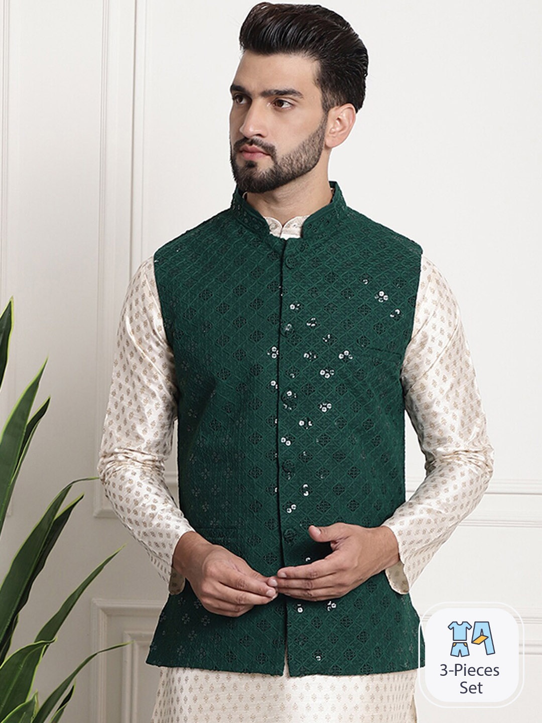 

SOJANYA Geometric Woven Design Mandarin Collar Pure Cotton Nehru Jackets, Green