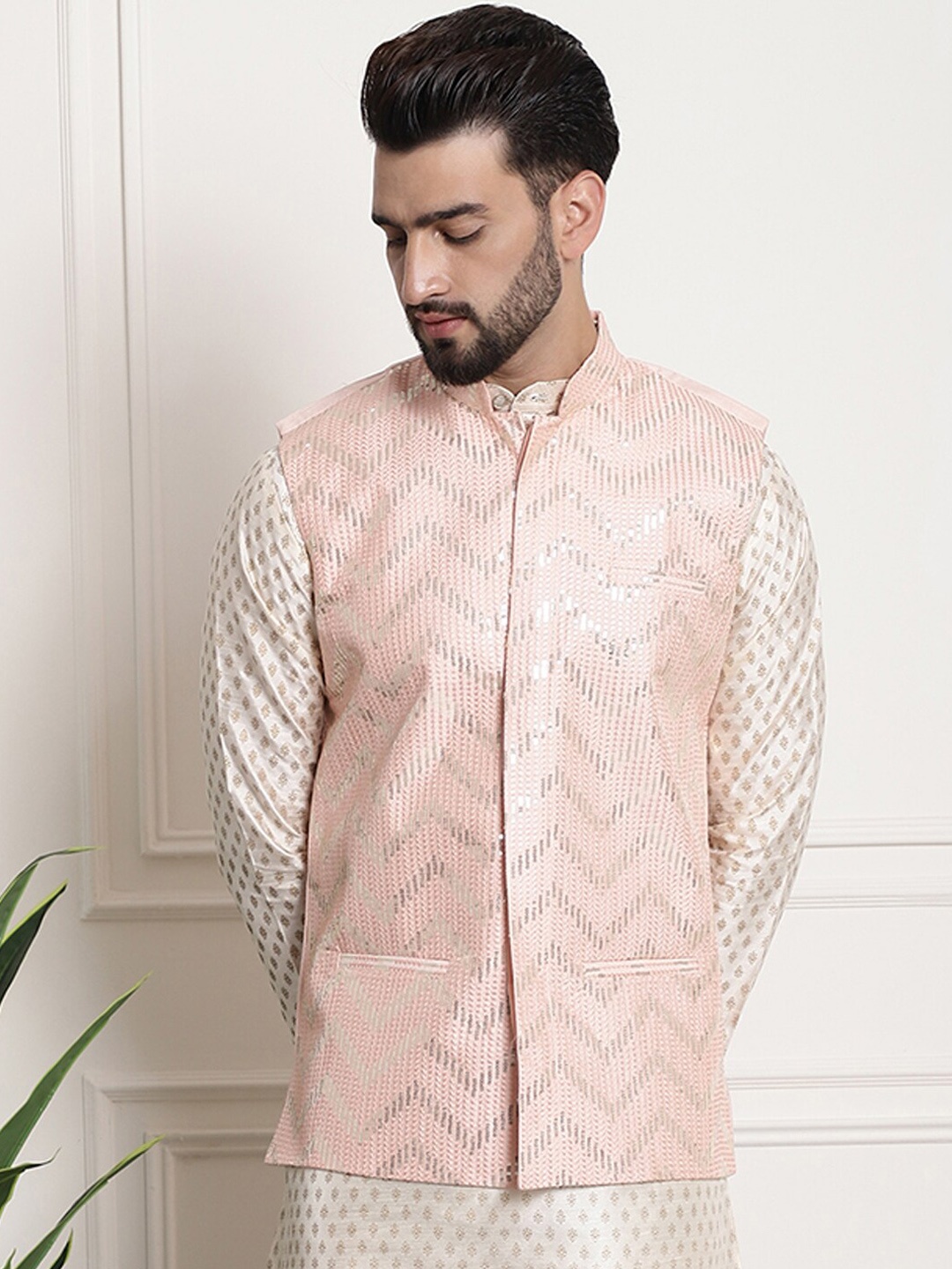 

SOJANYA Men Embellished Mandarin Collar Nehru Jacket, Peach