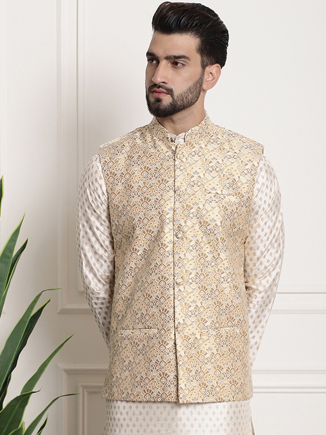 

SOJANYA Ethnic Motifs Woven Design Mandarin Collar Nehru Jackets, Beige