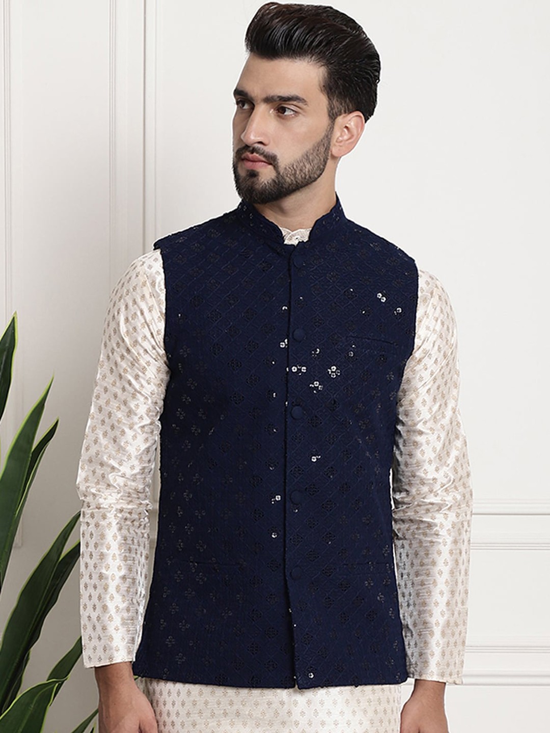 

SOJANYA Geometric Woven Design Mandarin Collar Pure Cotton Nehru Jackets, Navy blue