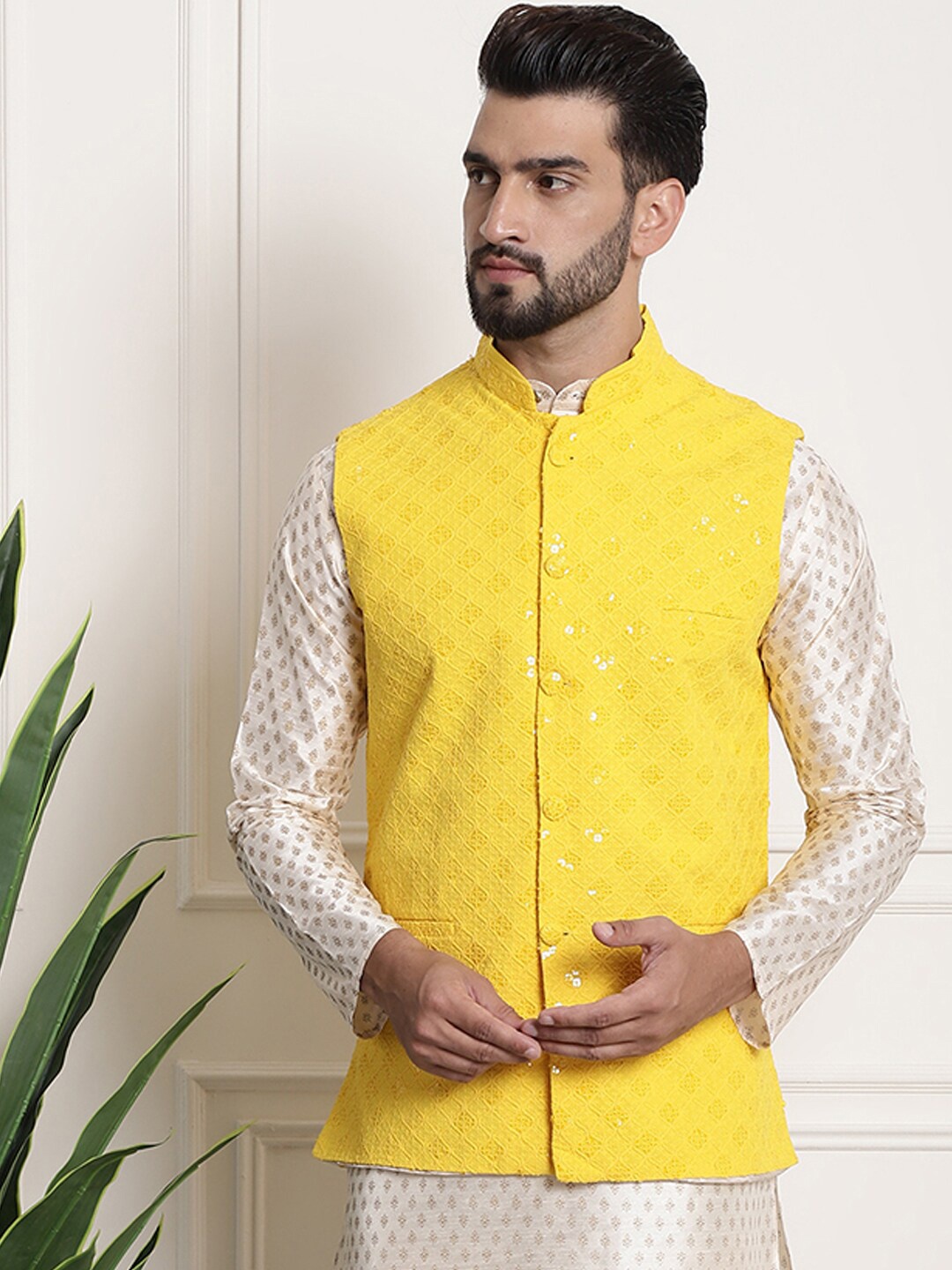 

SOJANYA Geometric Woven Design Pure Cotton Nehru Jackets, Yellow