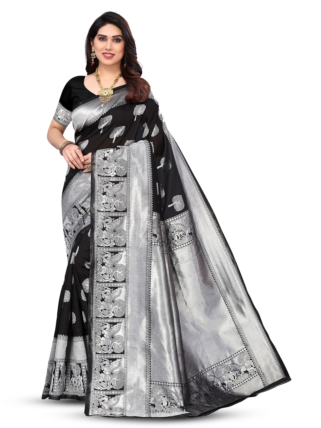 

Varanga Black & Grey Ethnic Motifs Woven Design Art Silk Banarasi Saree